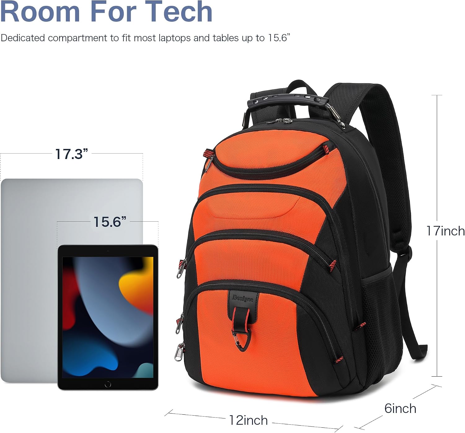 MOCHILA PARA LAPTOP BOAVAN 15.6 PULGADAS CON PUERTO USB IMPERMEABLE NARANJA Y NEGRO - 5
