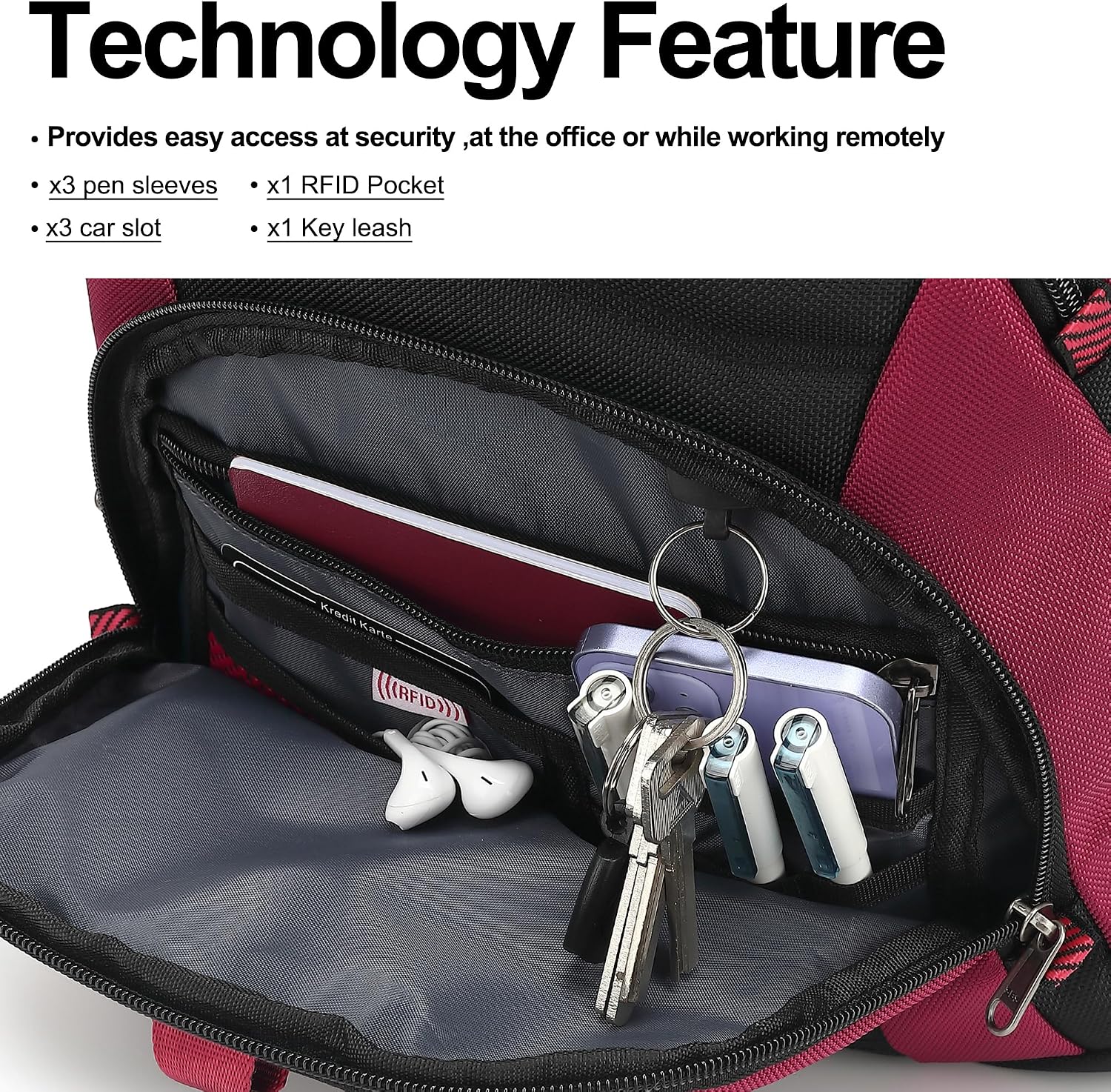 MOCHILA PARA LAPTOP BOAVAN 17.3 PULGADAS CON PUERTO USB IMPERMEABLE NEGRO Y ROJO - 3