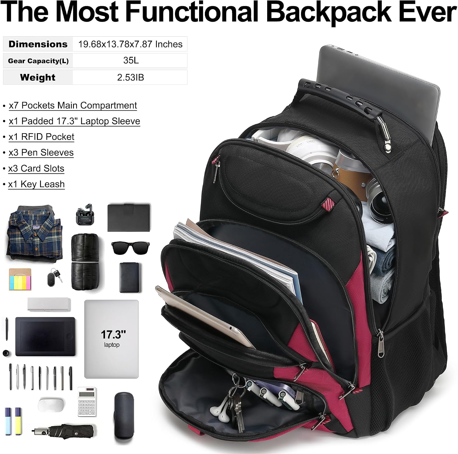MOCHILA PARA LAPTOP BOAVAN 17.3 PULGADAS CON PUERTO USB IMPERMEABLE NEGRO Y ROJO - 5