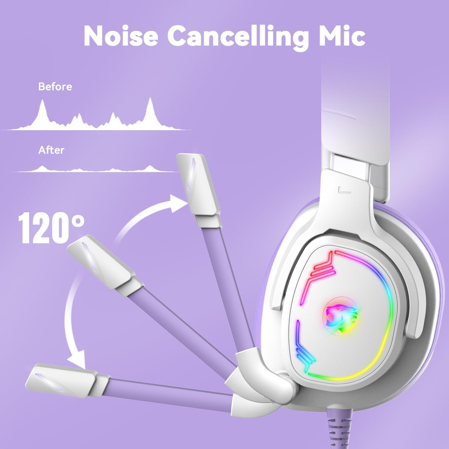 AUDÍFONOS GAMING JIMONYER OVER EAR CON MICRÓFONO CANCELADOR DE RUIDO Y SONIDO 7.1, MORADO - 4