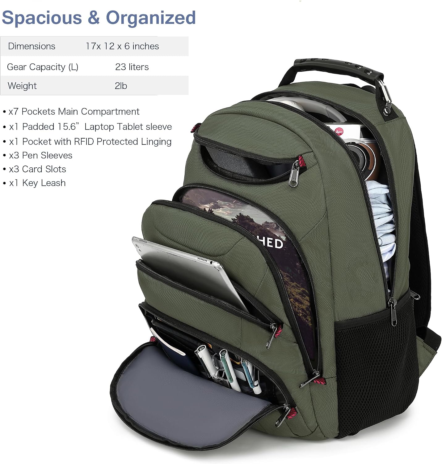MOCHILA PARA LAPTOP BOAVAN 15.6 PULGADAS CON PUERTO USB IMPERMEABLE VERDE - 2