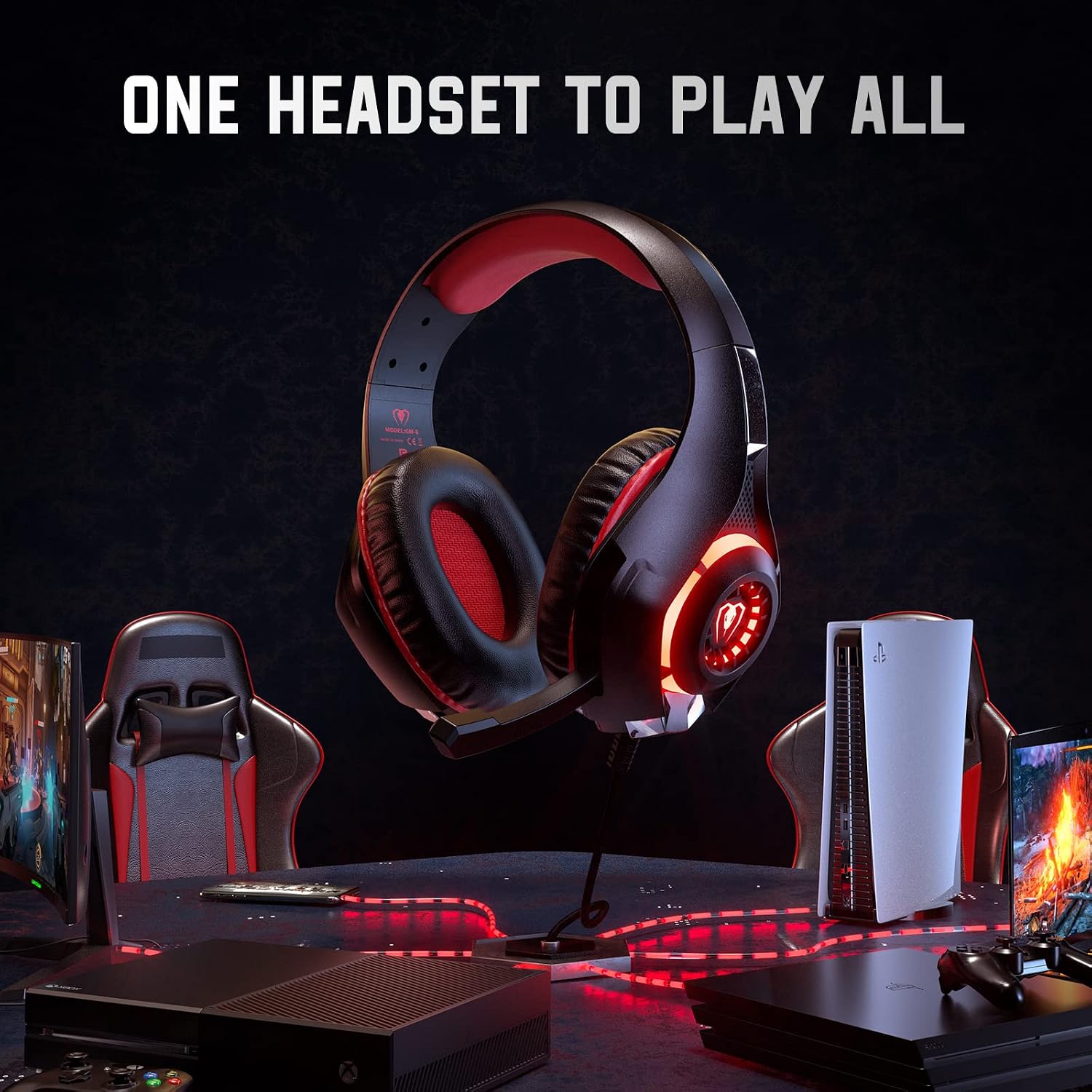 HEADSET PARA GAMING TATYBO PS5 PC CON MICRÓFONO CANCELADOR DE RUIDO RGB NEGRO ROJO - 4