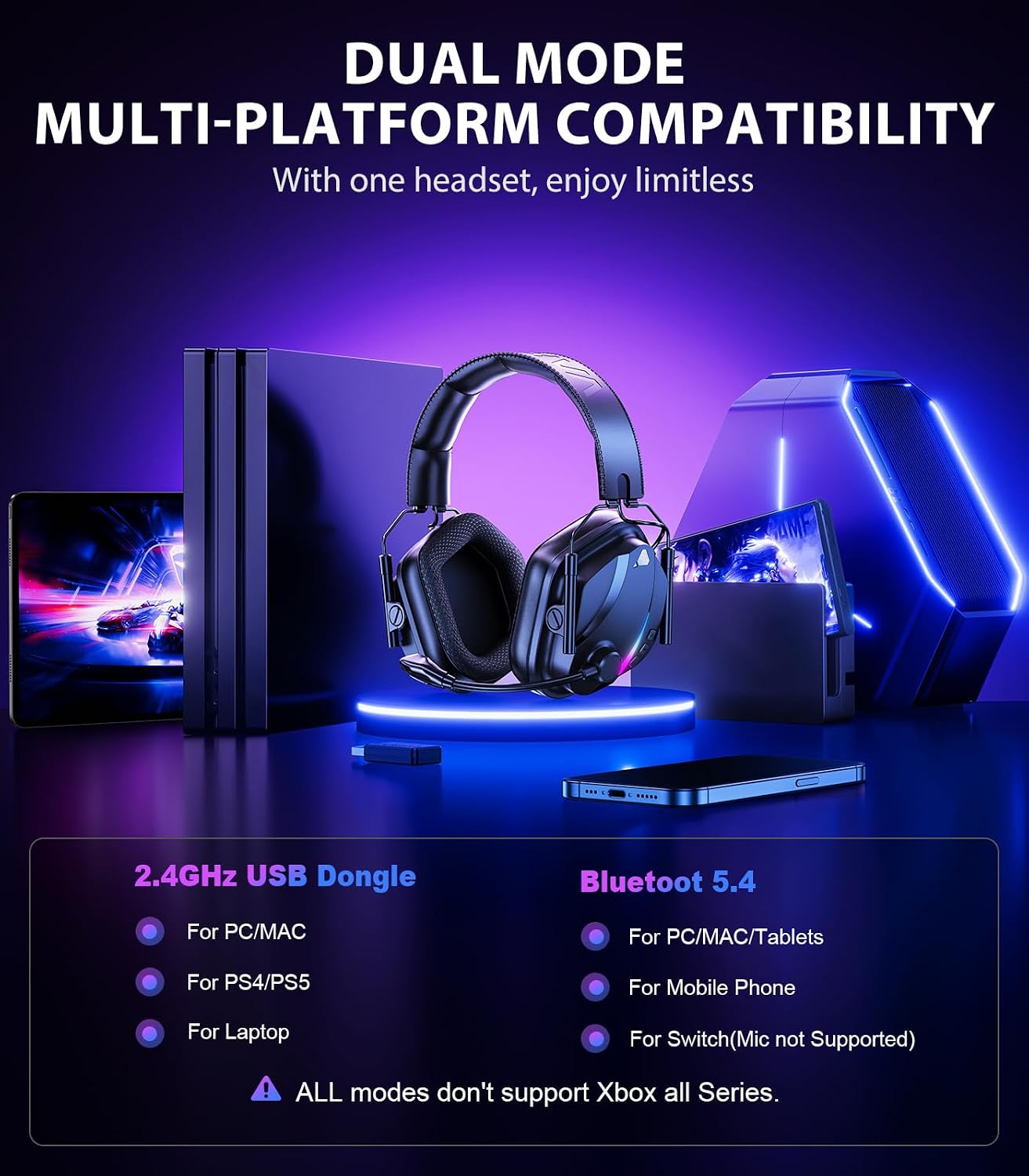 AUDÍFONOS INALÁMBRICOS PARA GAMING VAKEDY H11 CON MICRÓFONO PARA PS5 PS4 PC SWITCH, BATERÍA 50 HORAS - 4