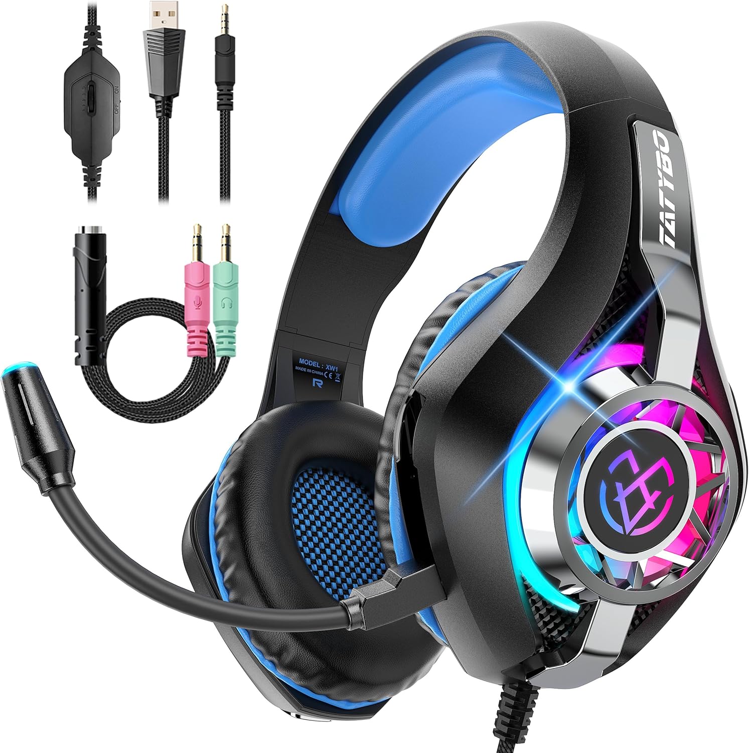 HEADSET PARA GAMING TATYBO PS5 PC CON MICRÓFONO CANCELADOR DE RUIDO RGB NEGRO AZUL - 1