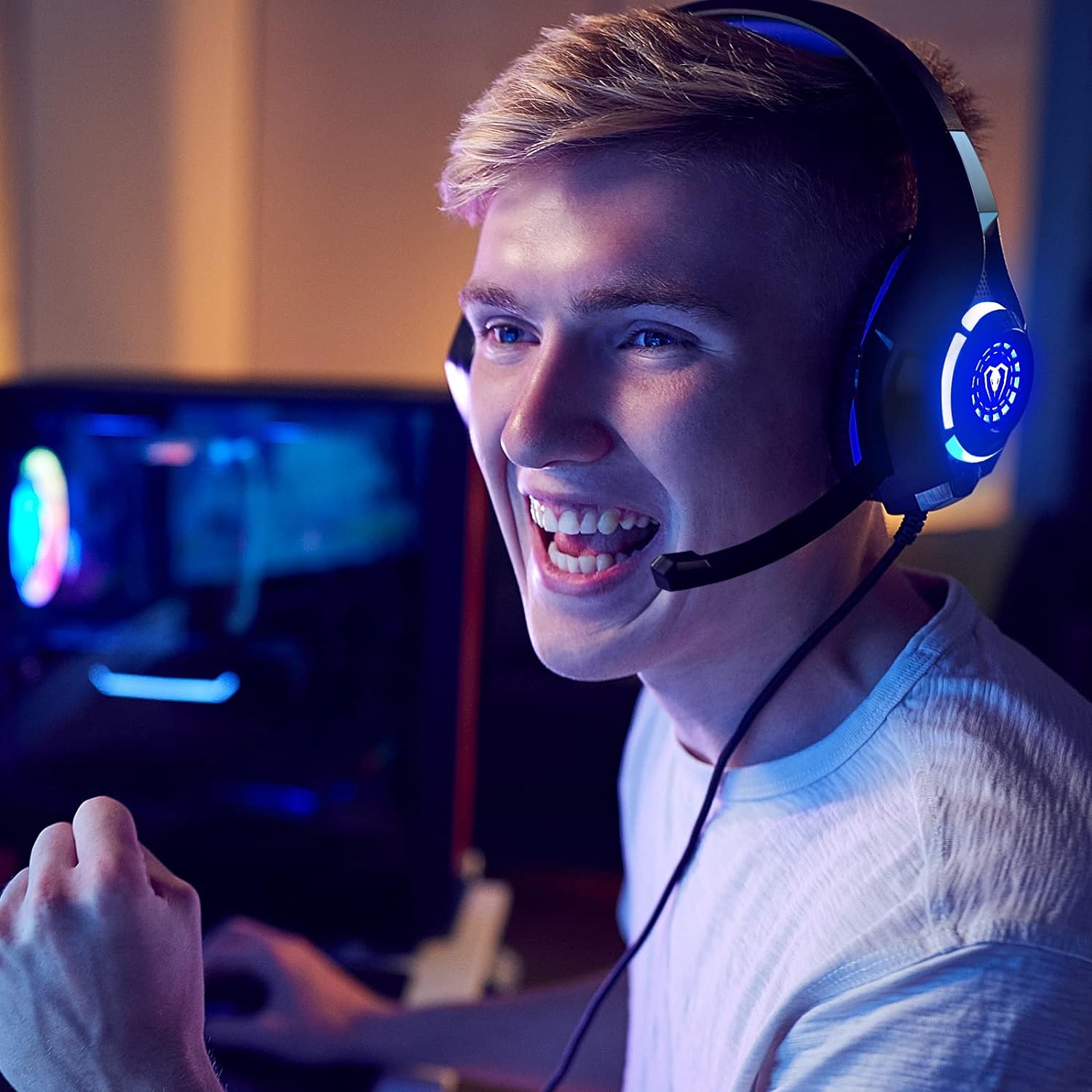 HEADSET PARA GAMING TATYBO PS5 PC CON MICRÓFONO CANCELADOR DE RUIDO RGB NEGRO AZUL - 2