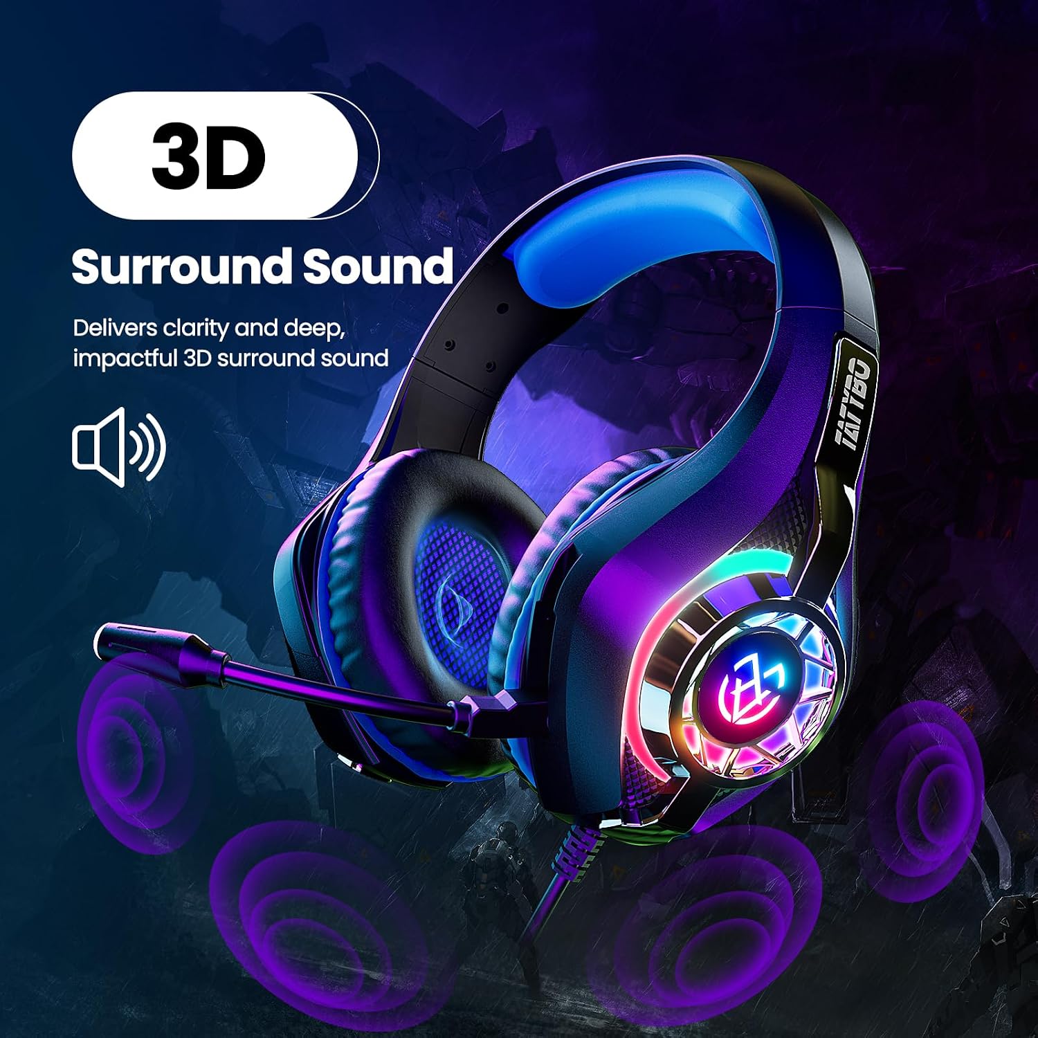 HEADSET PARA GAMING TATYBO PS5 PC CON MICRÓFONO CANCELADOR DE RUIDO RGB NEGRO AZUL - 3