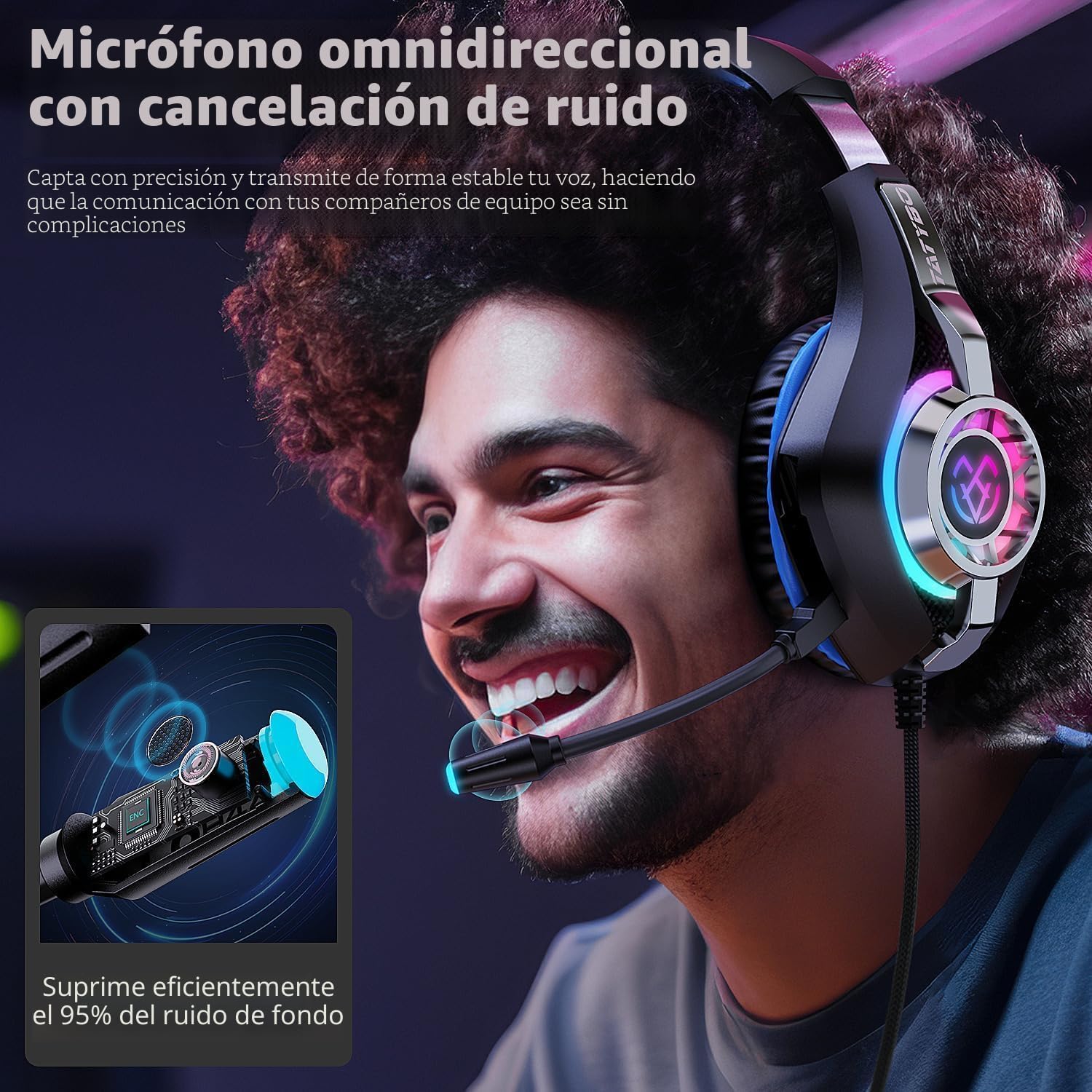 HEADSET PARA GAMING TATYBO PS5 PC CON MICRÓFONO CANCELADOR DE RUIDO RGB NEGRO AZUL - 5