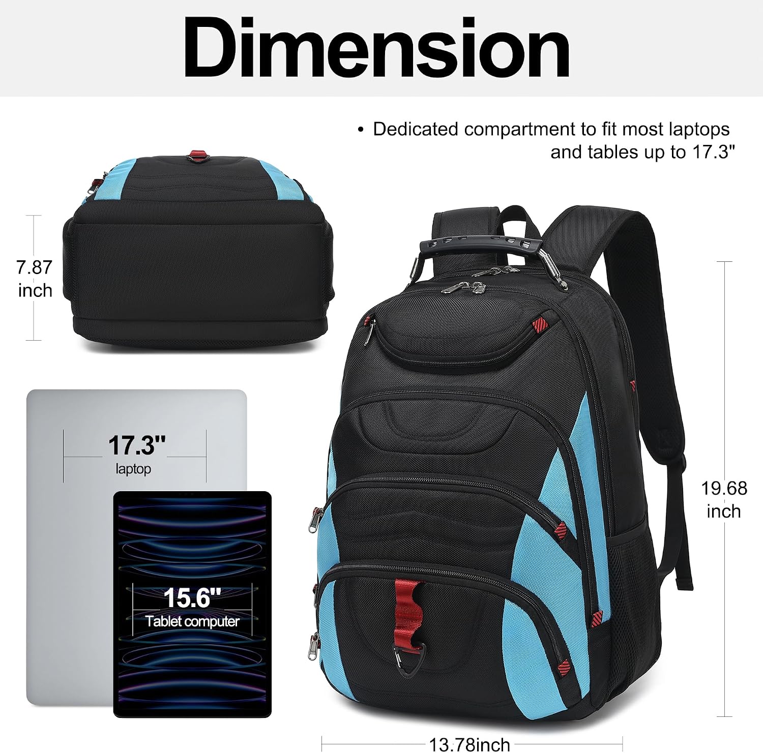 MOCHILA PARA LAPTOP BOAVAN 17.3 PULGADAS CON PUERTO USB IMPERMEABLE NEGRO Y AZUL CELESTE - 2