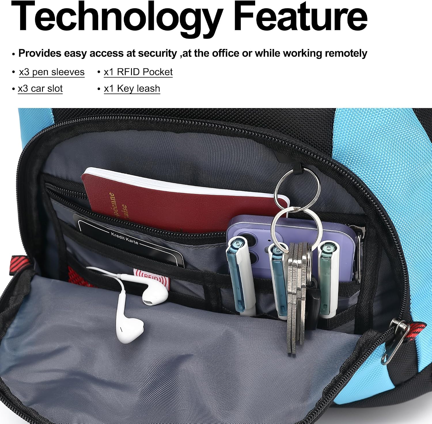 MOCHILA PARA LAPTOP BOAVAN 17.3 PULGADAS CON PUERTO USB IMPERMEABLE NEGRO Y AZUL CELESTE - 3