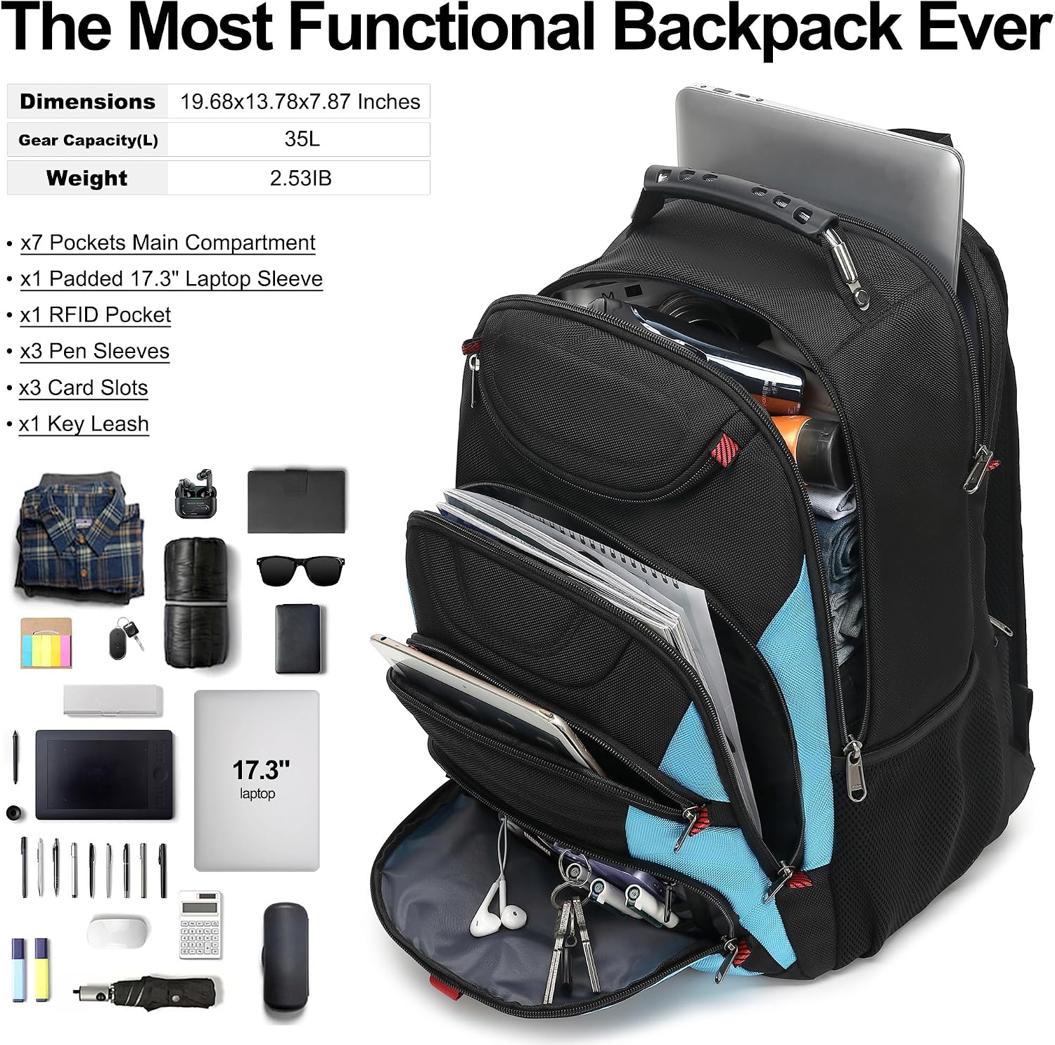 MOCHILA PARA LAPTOP BOAVAN 17.3 PULGADAS CON PUERTO USB IMPERMEABLE NEGRO Y AZUL CELESTE - 5