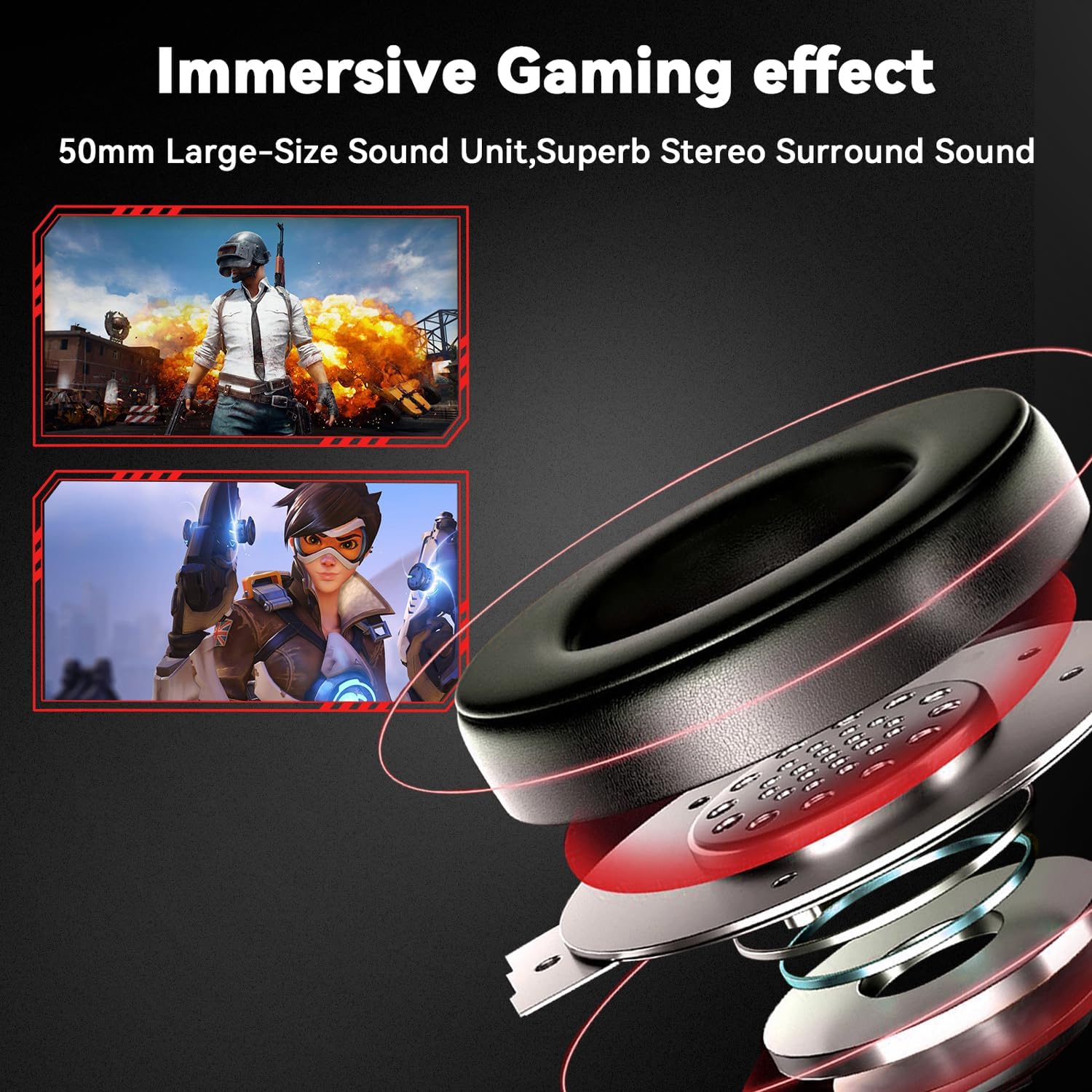 AUDÍFONOS GAMING JIMONYER CON MICRÓFONO, SONIDO SURROUND 7.1, CANCELACIÓN DE RUIDO, RGB, OVER EAR, ROJO - 2