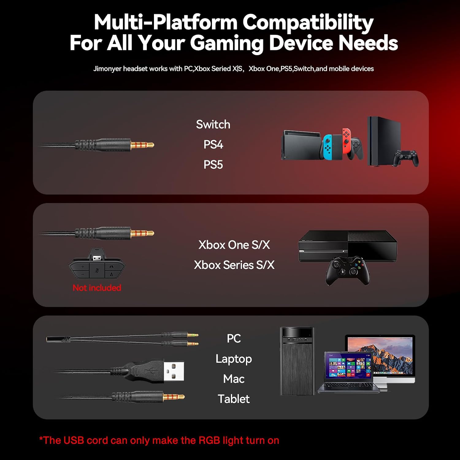 AUDÍFONOS GAMING JIMONYER CON MICRÓFONO, SONIDO SURROUND 7.1, CANCELACIÓN DE RUIDO, RGB, OVER EAR, ROJO - 4