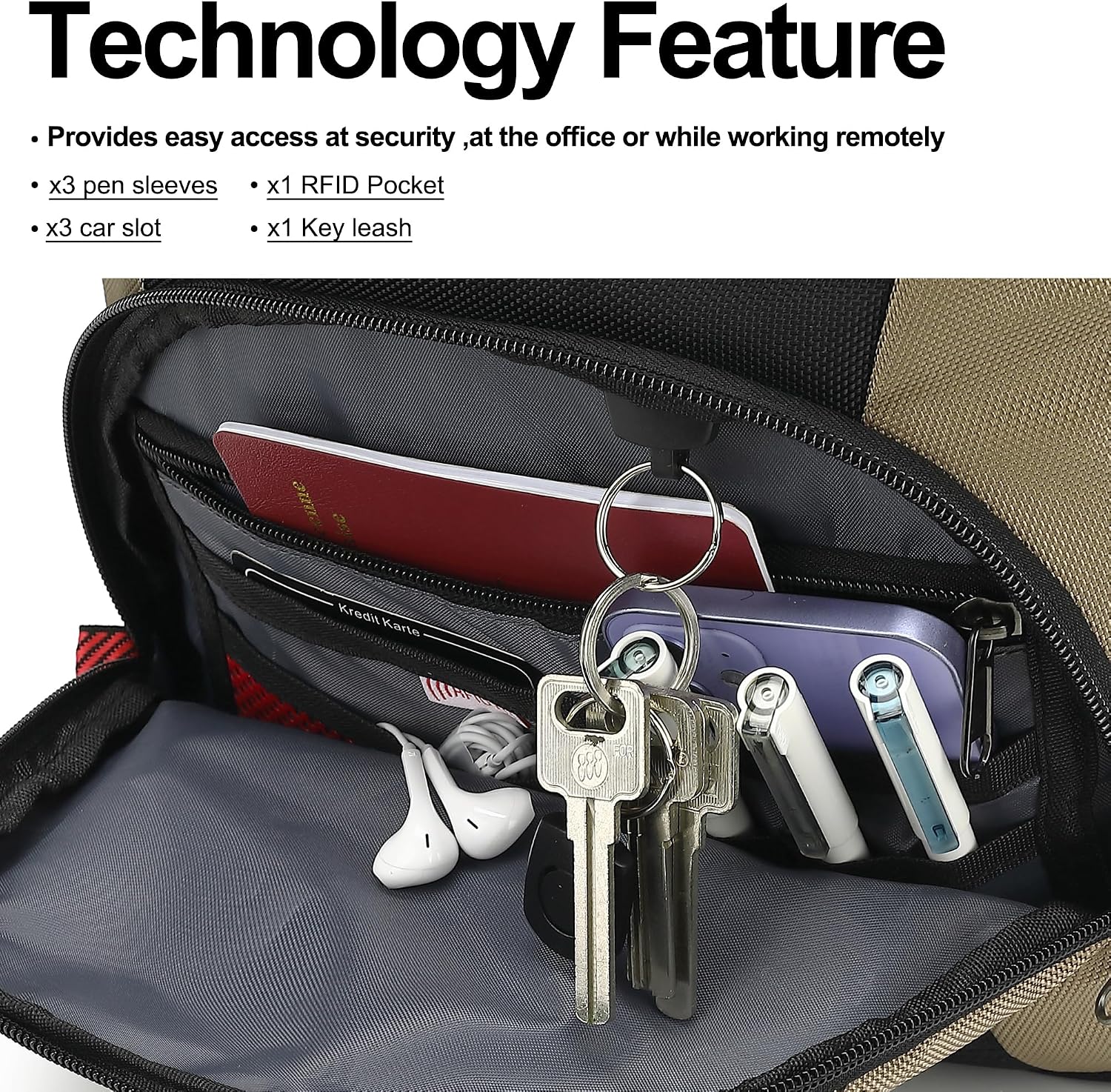 MOCHILA PARA LAPTOP BOAVAN 17.3 PULGADAS CON PUERTO USB IMPERMEABLE NEGRO Y CAQUI - 3