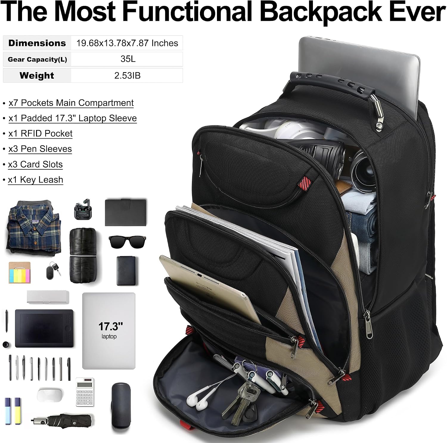 MOCHILA PARA LAPTOP BOAVAN 17.3 PULGADAS CON PUERTO USB IMPERMEABLE NEGRO Y CAQUI - 5