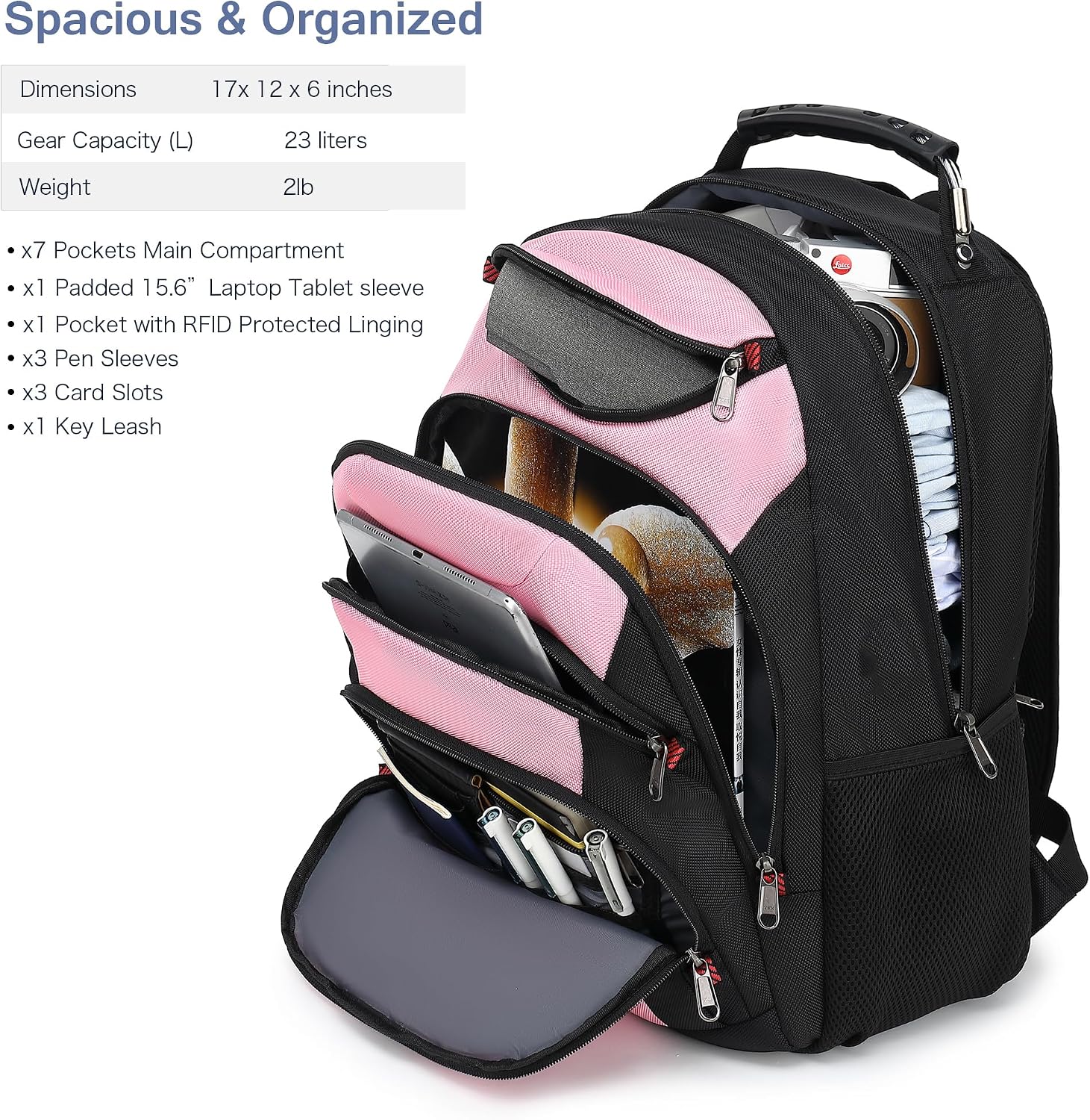 MOCHILA PARA LAPTOP BOAVAN 15.6 PULGADAS CON PUERTO USB IMPERMEABLE ROSA Y NEGRO - 2
