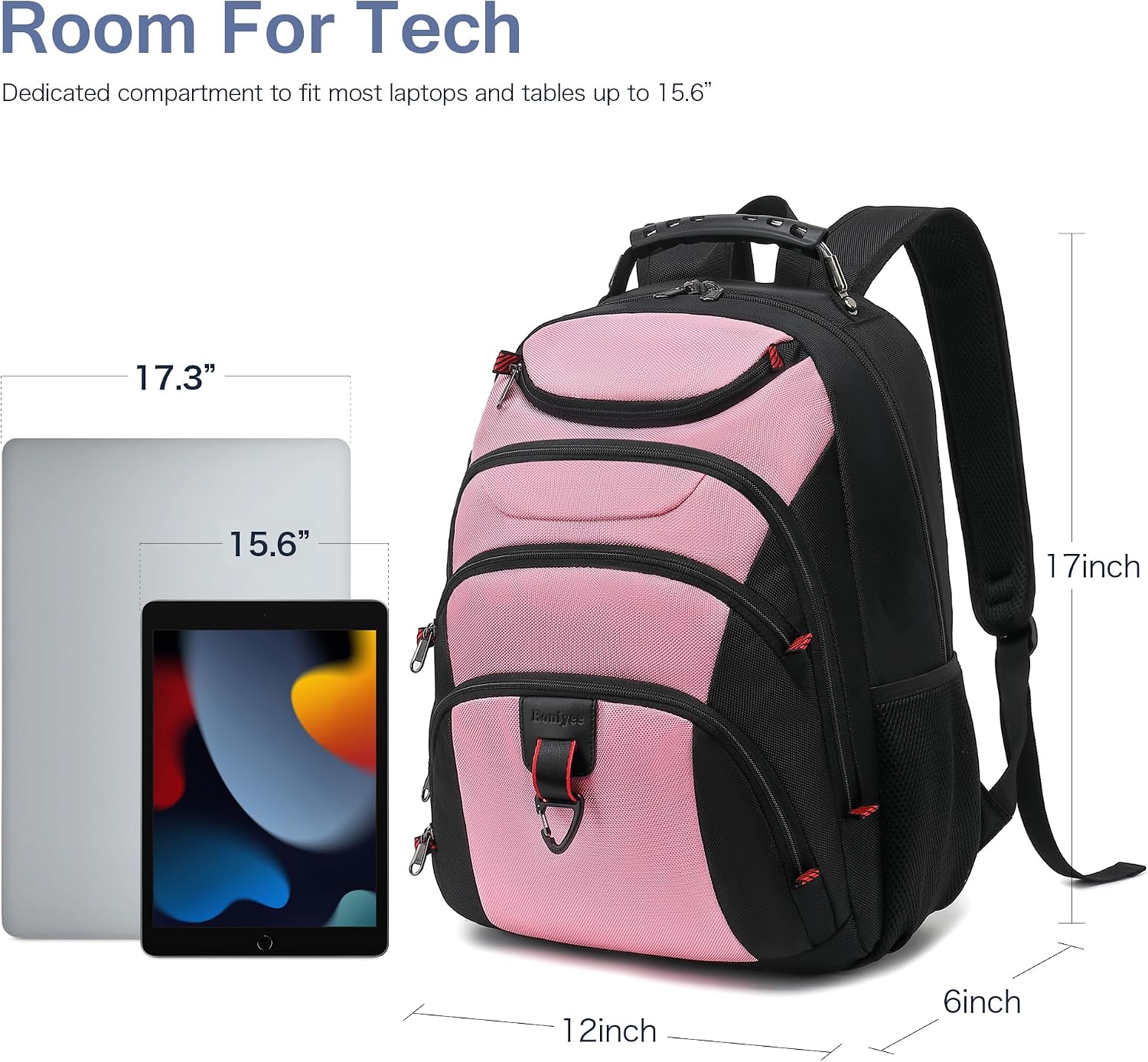 MOCHILA PARA LAPTOP BOAVAN 15.6 PULGADAS CON PUERTO USB IMPERMEABLE ROSA Y NEGRO - 5