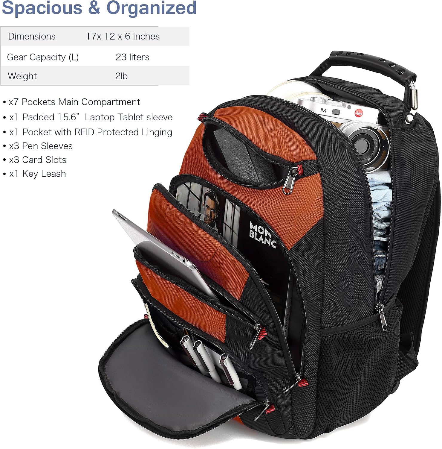 MOCHILA PARA LAPTOP BOAVAN 15.6 PULGADAS CON PUERTO USB IMPERMEABLE COLOR NARANJA OSCURO NEGRO - 2