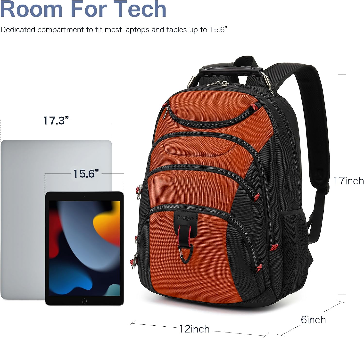 MOCHILA PARA LAPTOP BOAVAN 15.6 PULGADAS CON PUERTO USB IMPERMEABLE COLOR NARANJA OSCURO NEGRO - 5