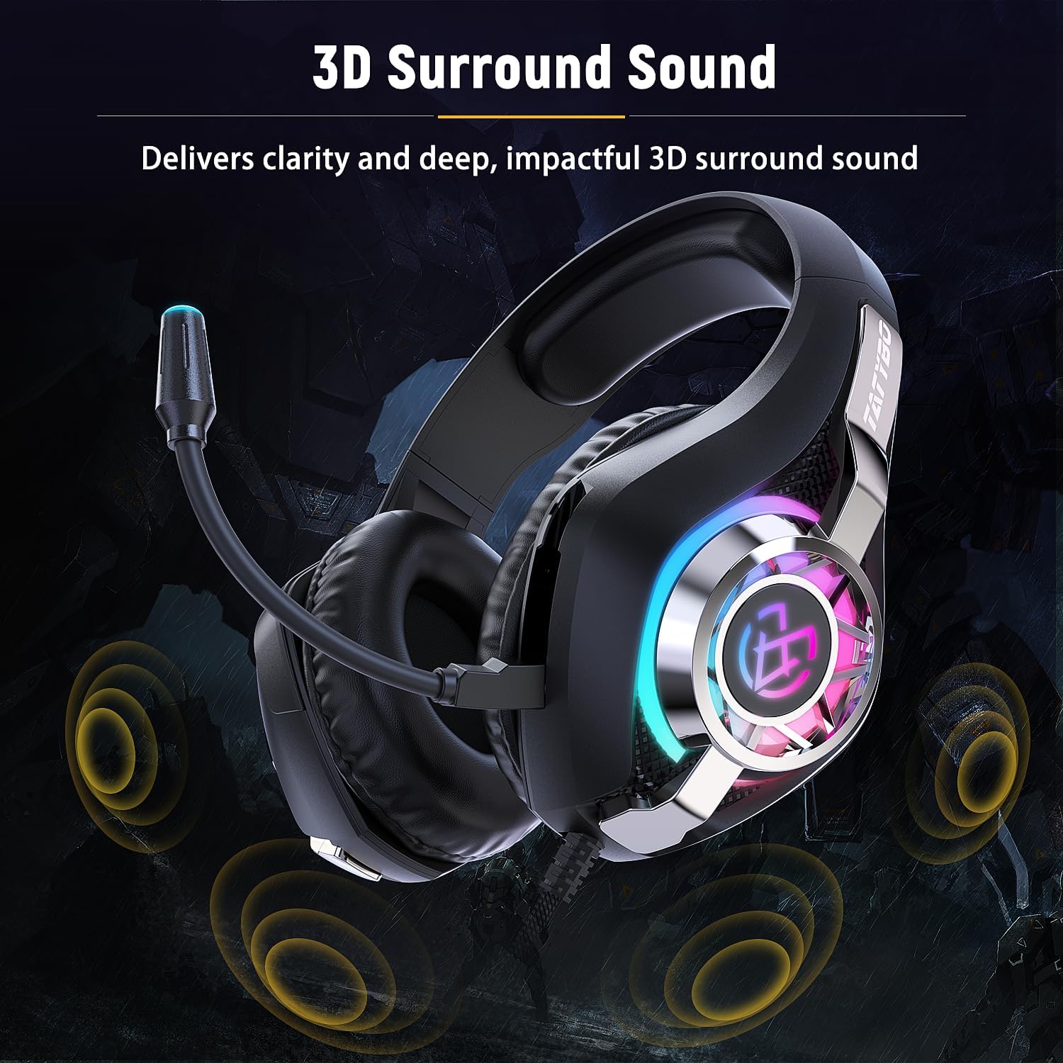 HEADSET PARA GAMING TATYBO PS5 PC CON MICRÓFONO CANCELADOR DE RUIDO RGB NEGRO - 3