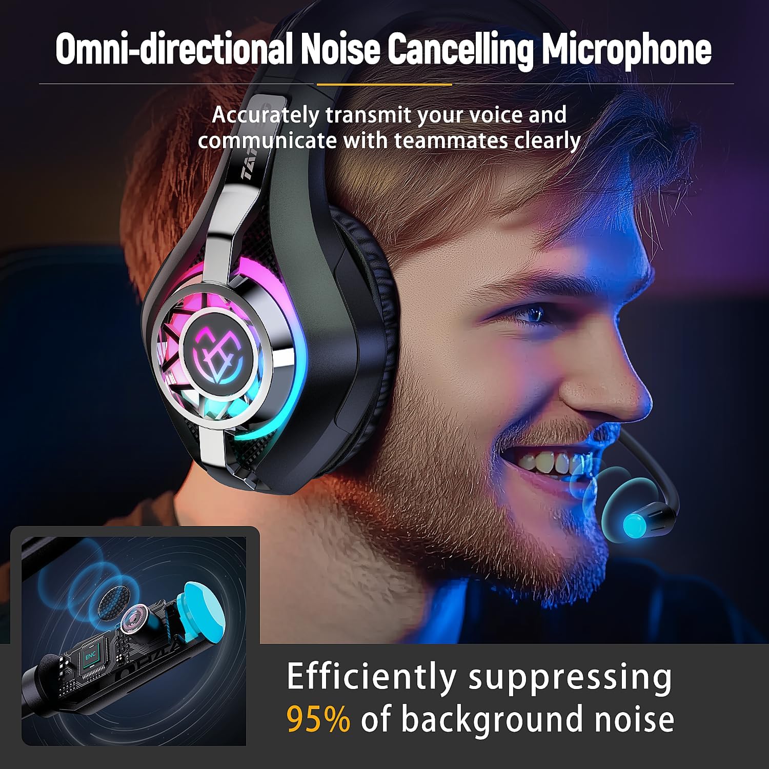 HEADSET PARA GAMING TATYBO PS5 PC CON MICRÓFONO CANCELADOR DE RUIDO RGB NEGRO - 4