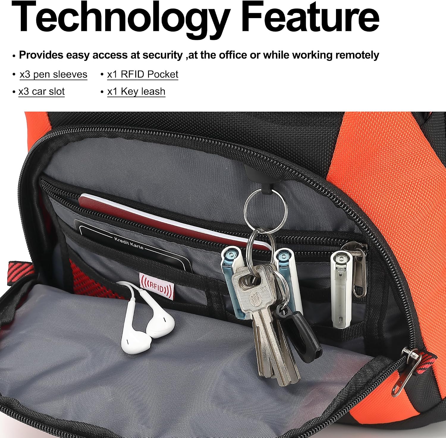 MOCHILA PARA LAPTOP BOAVAN 17.3 PULGADAS CON PUERTO USB IMPERMEABLE NEGRO Y NARANJA - 3
