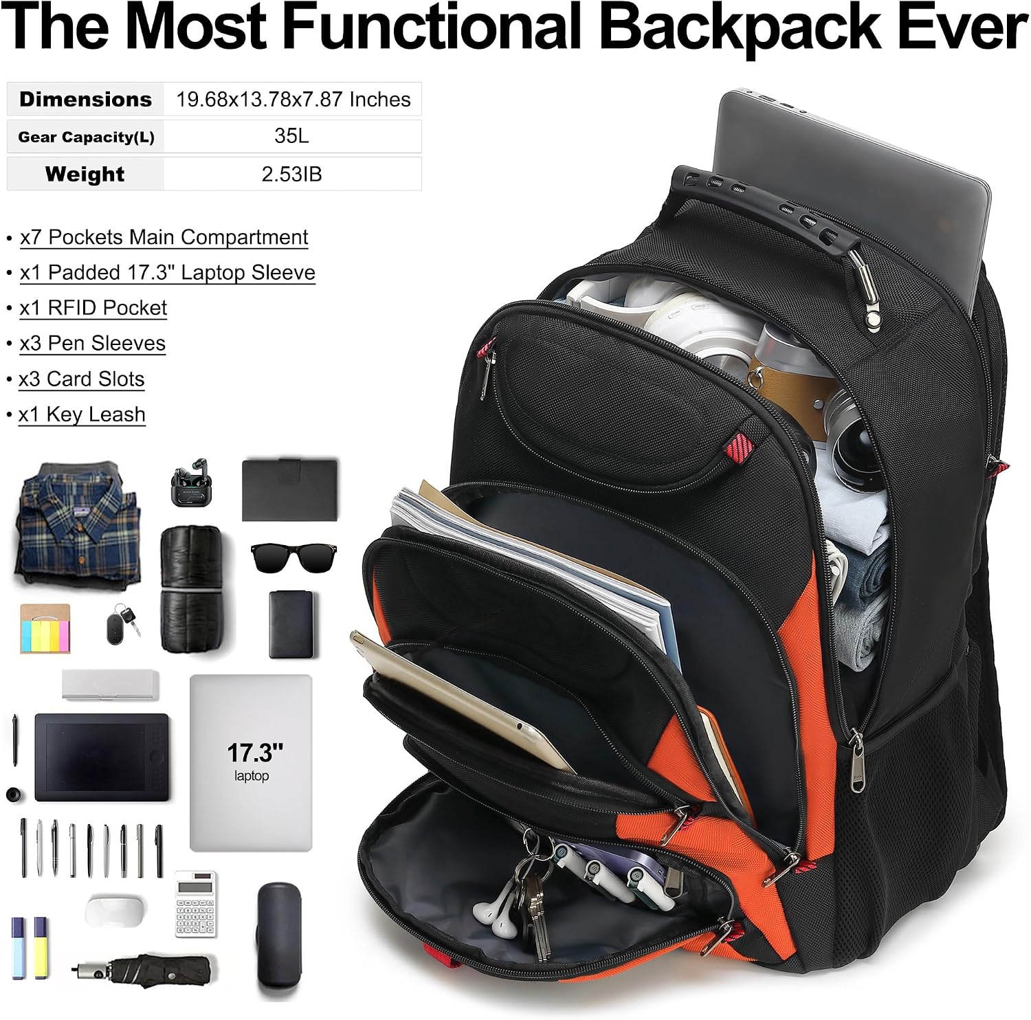 MOCHILA PARA LAPTOP BOAVAN 17.3 PULGADAS CON PUERTO USB IMPERMEABLE NEGRO Y NARANJA - 5