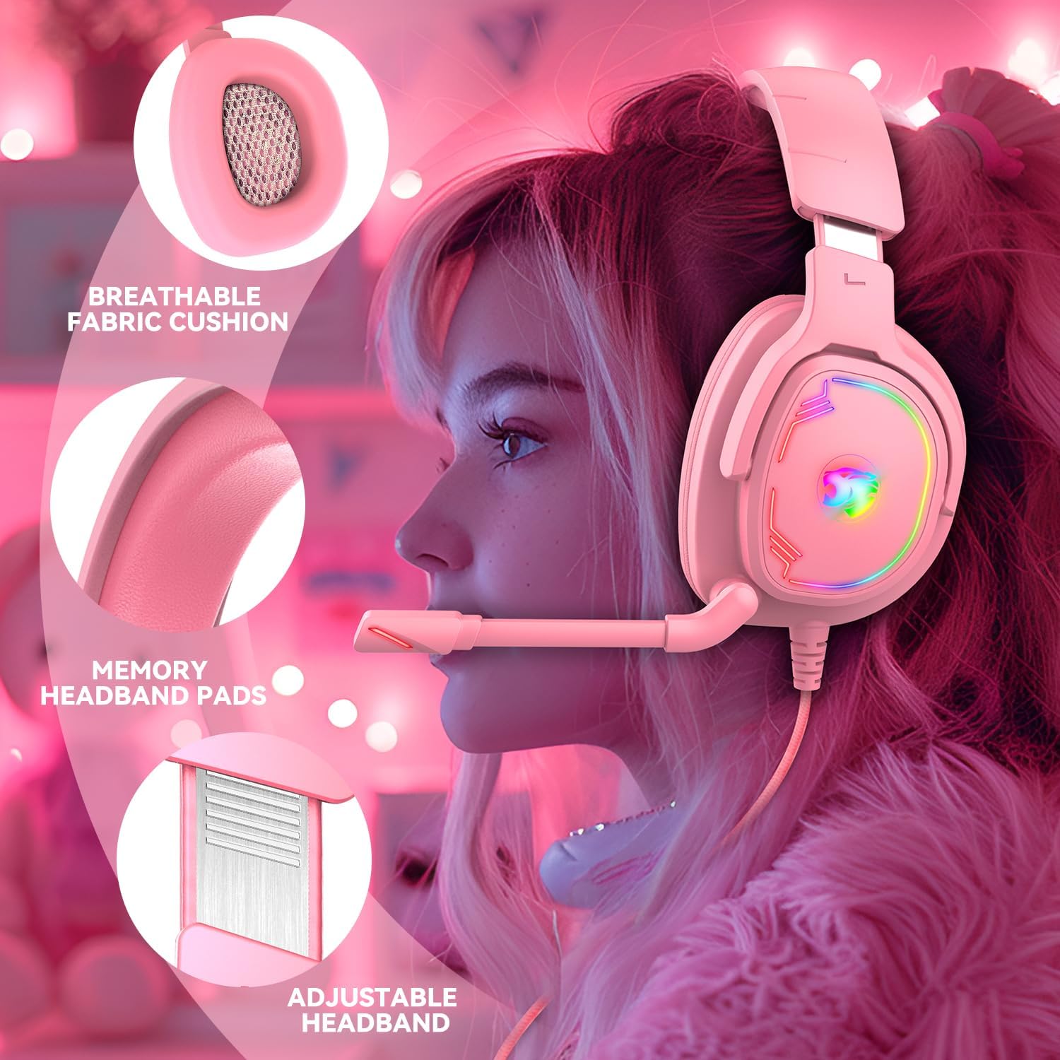 HEADSET PARA GAMING JIMONYER PS5 PS4 XBOX SERIES X|S PC SWITCH ROSA - 5