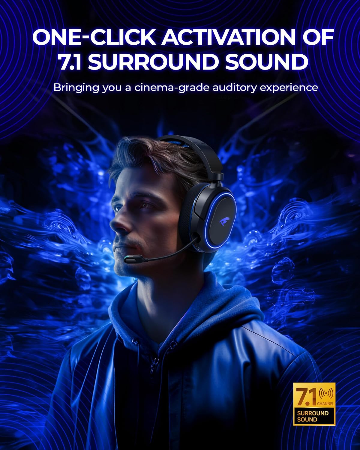 AUDÍFONOS INALÁMBRICOS PARA GAMING VALORISE UG-08S 7.1 SURROUND BLUETOOTH 5.4 100H BATERÍA NEGRO-AZUL - 2
