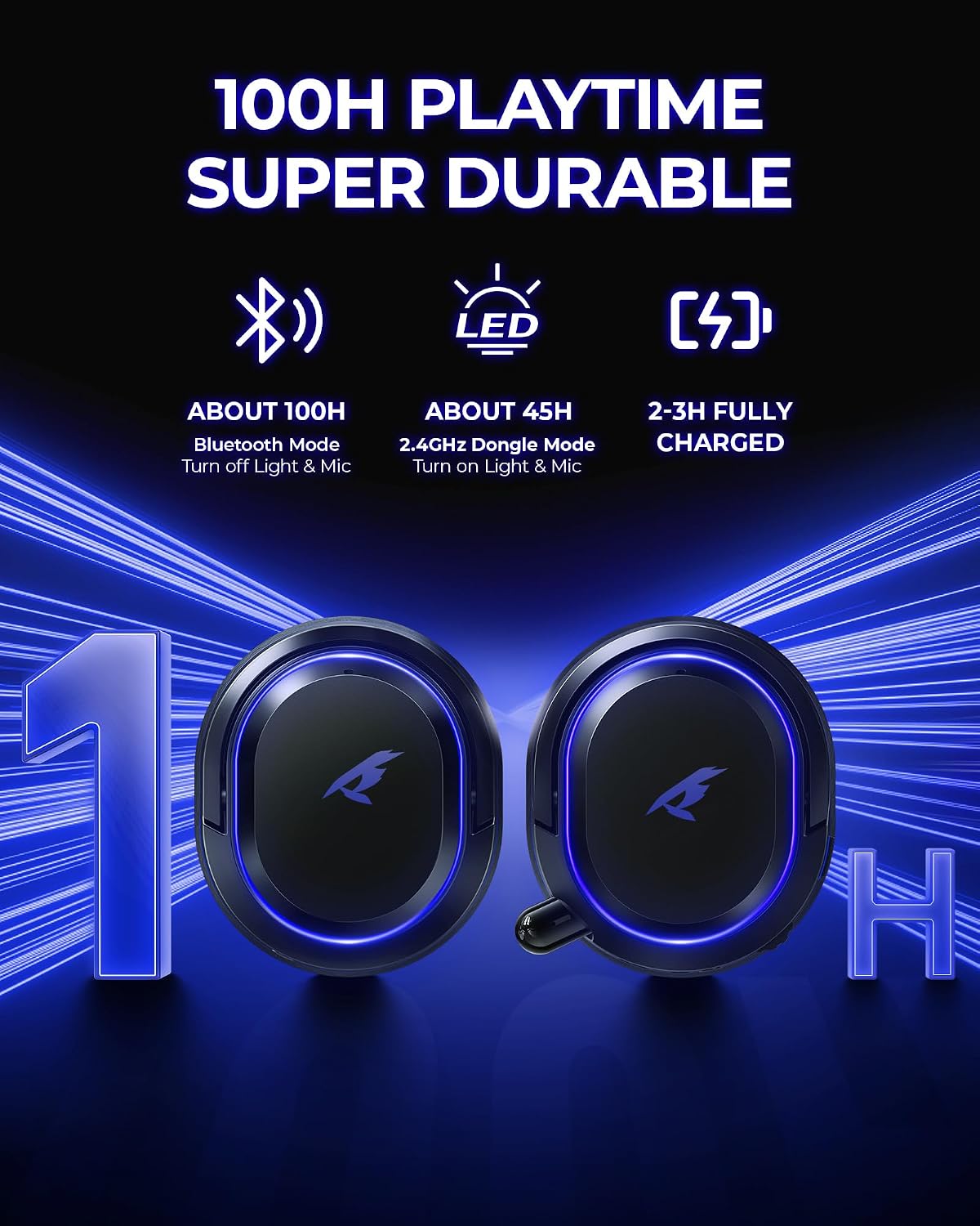 AUDÍFONOS INALÁMBRICOS PARA GAMING VALORISE UG-08S 7.1 SURROUND BLUETOOTH 5.4 100H BATERÍA NEGRO-AZUL - 3