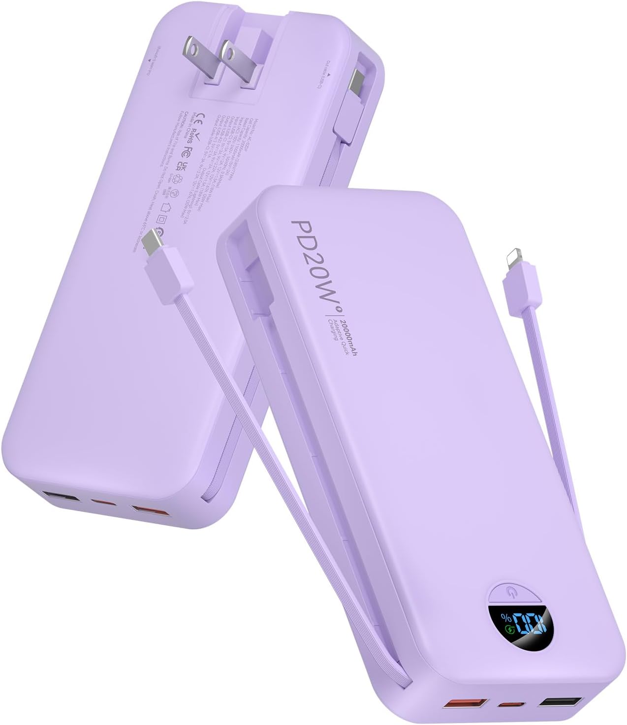 BATERÍA EXTERNA CITICR 20000MAH PD20W CON CABLES INTEGRADOS Y ENCHUFE MORADO - 1