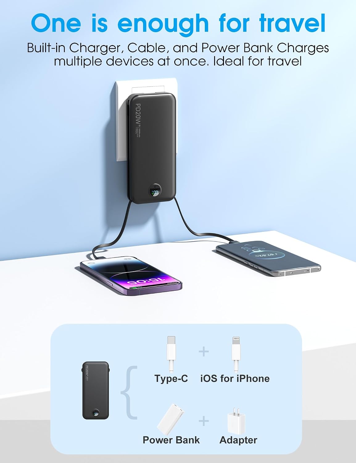 BATERÍA EXTERNA CITICR 10000MAH PD20W CON CABLES INTEGRADOS Y ENCHUFE PLEGABLE NEGRA - 4