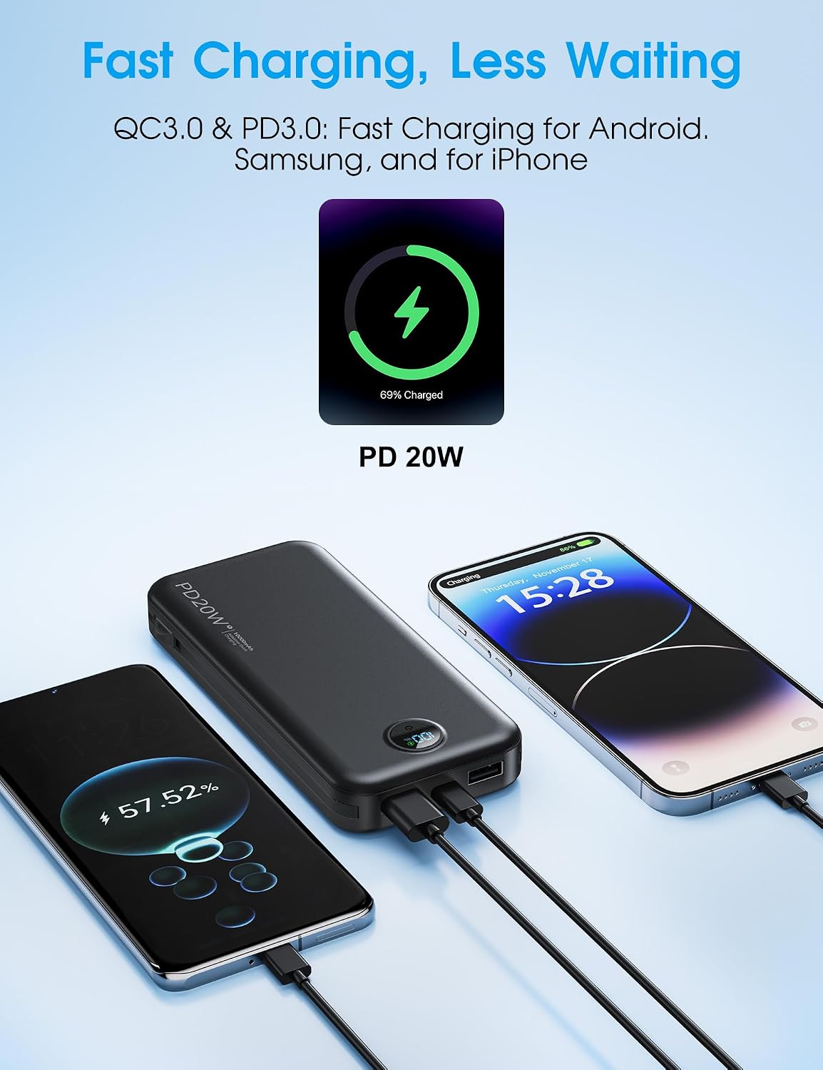 BATERÍA EXTERNA CITICR 10000MAH PD20W CON CABLES INTEGRADOS Y ENCHUFE PLEGABLE NEGRA - 5