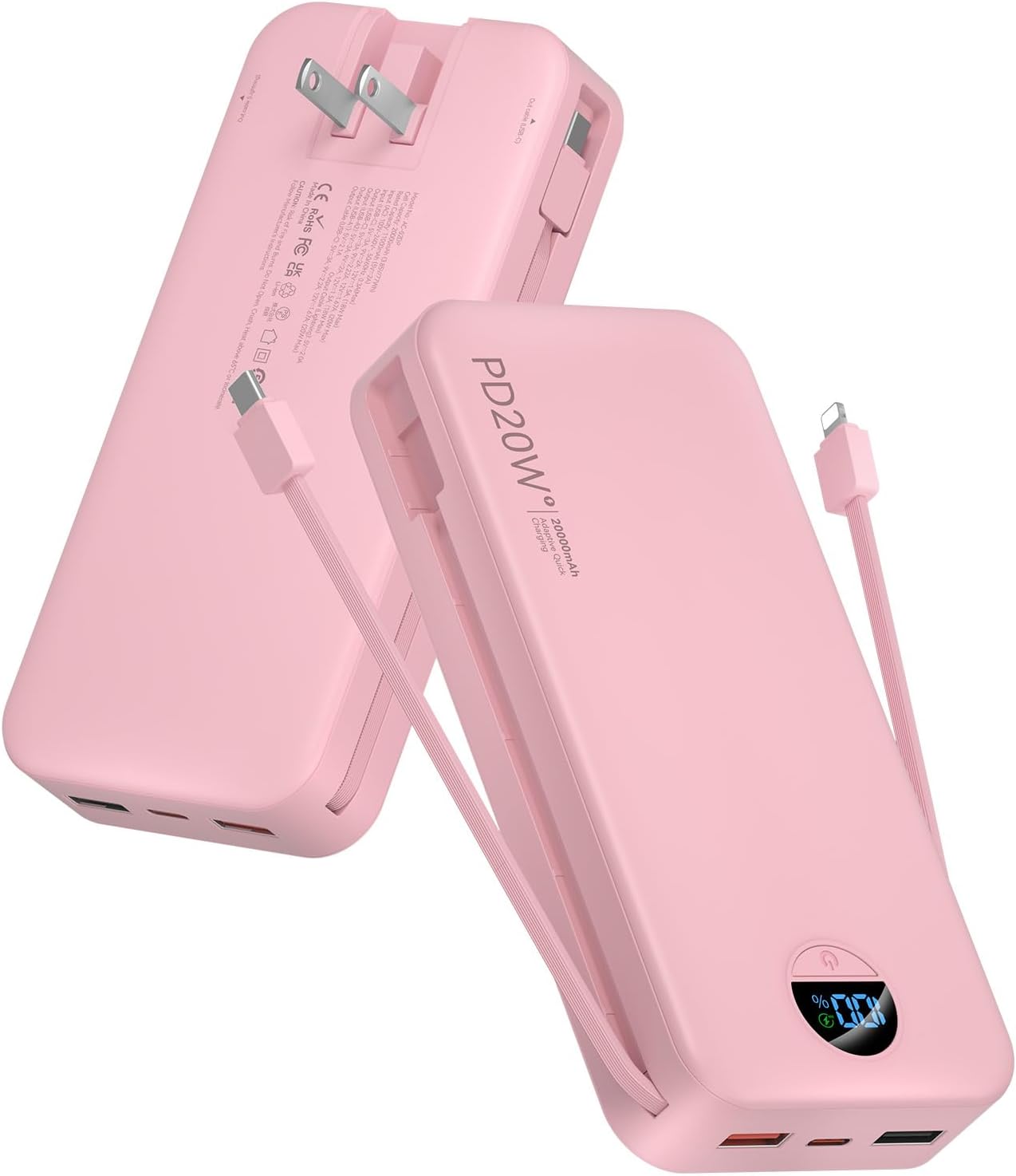 BATERÍA EXTERNA CITICR 20000MAH PD20W CON CABLES INTEGRADOS Y ENCHUFE DE PARED ROSA - 1