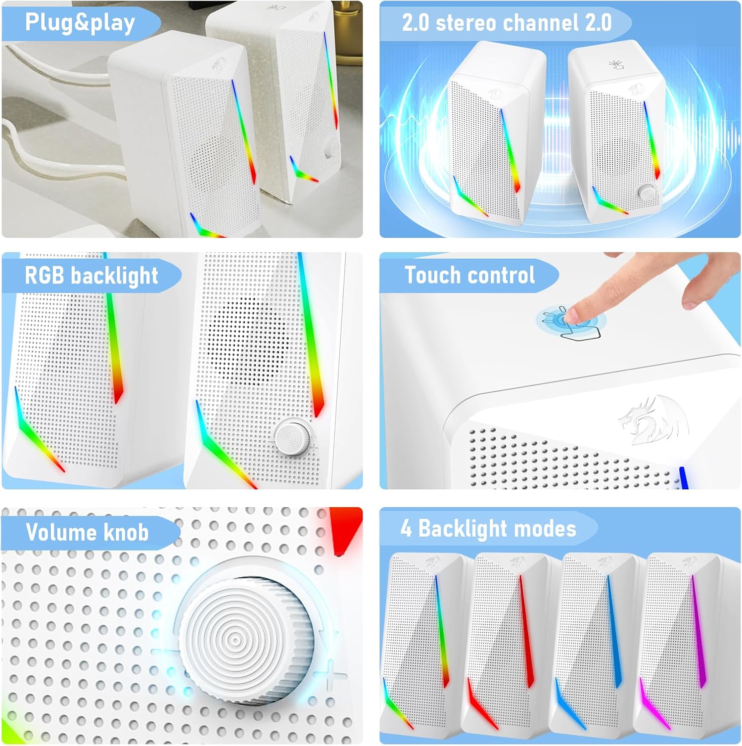 PARLANTES DE ESCRITORIO REDRAGON GS510 RGB 2.0 BLANCO - 3