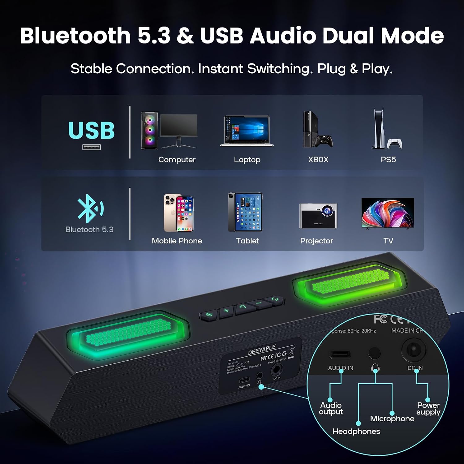 PARLANTES PARA COMPUTADORA DEEYAPLE 40W BLUETOOTH 5.3 USB-C - 4