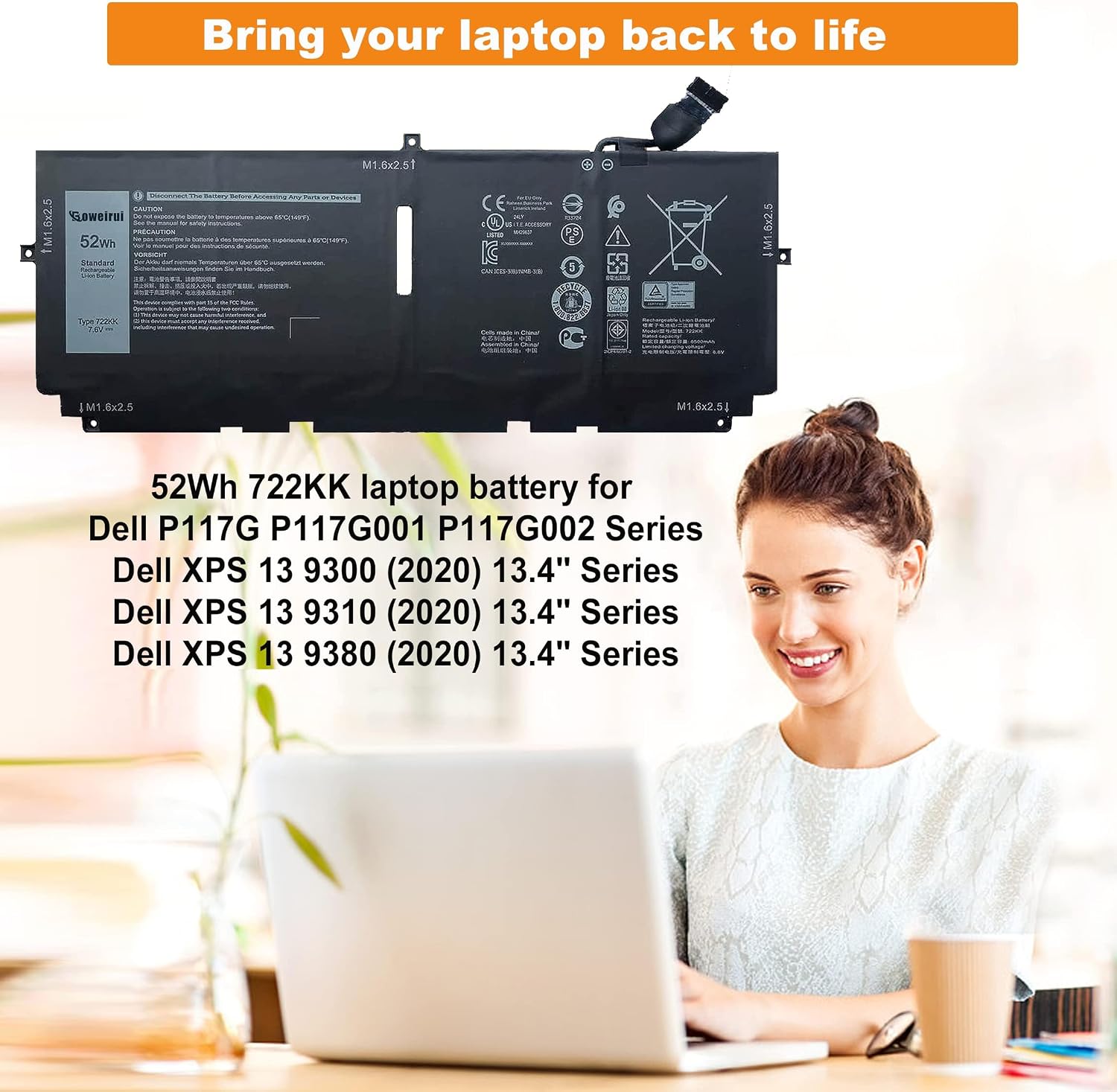 BATERÍA PARA LAPTOP BOWEIRUI 722KK PARA DELL XPS 13 9300 9310 9380 52WH - 2