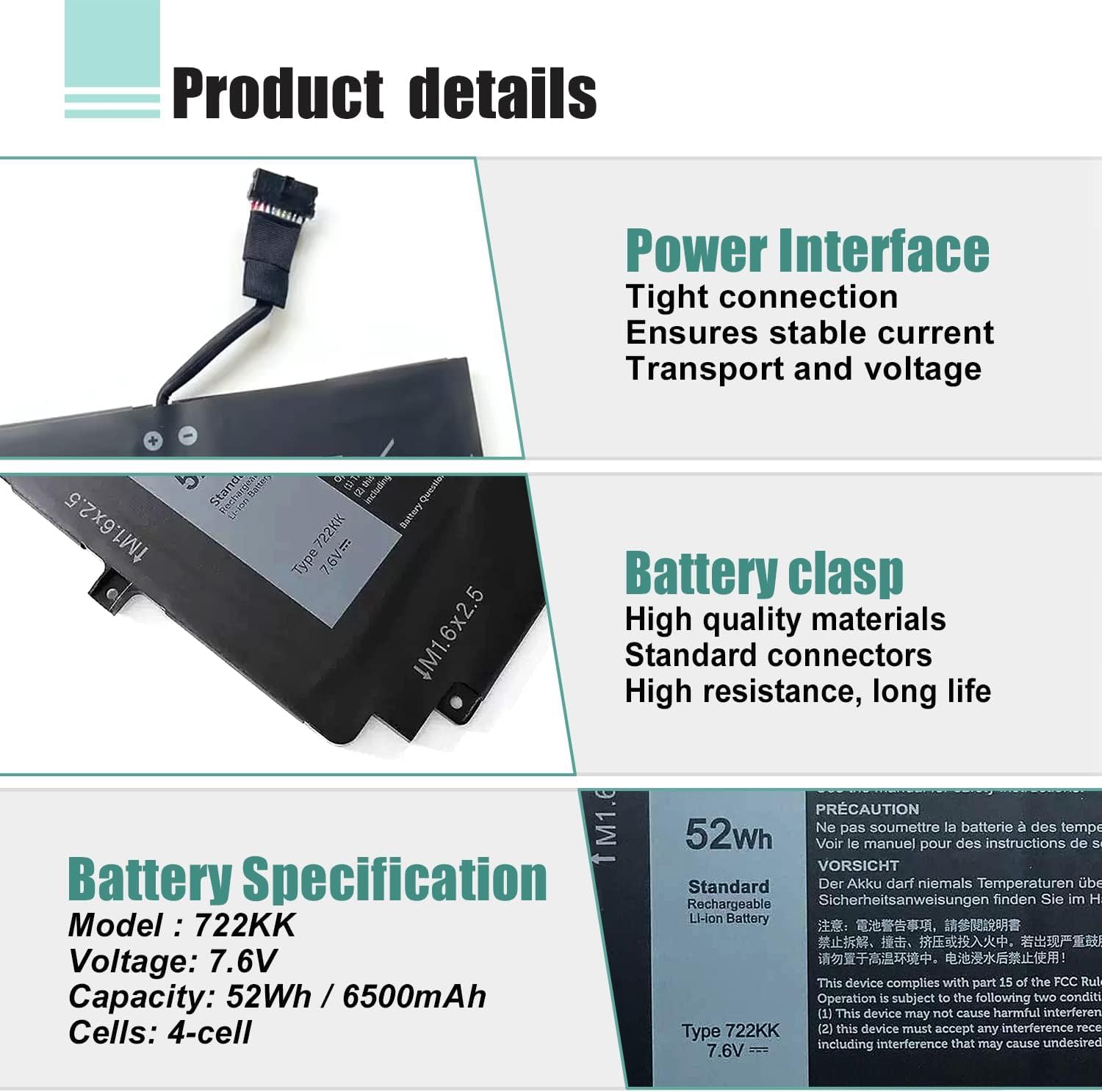 BATERÍA PARA LAPTOP BOWEIRUI 722KK PARA DELL XPS 13 9300 9310 9380 52WH - 4