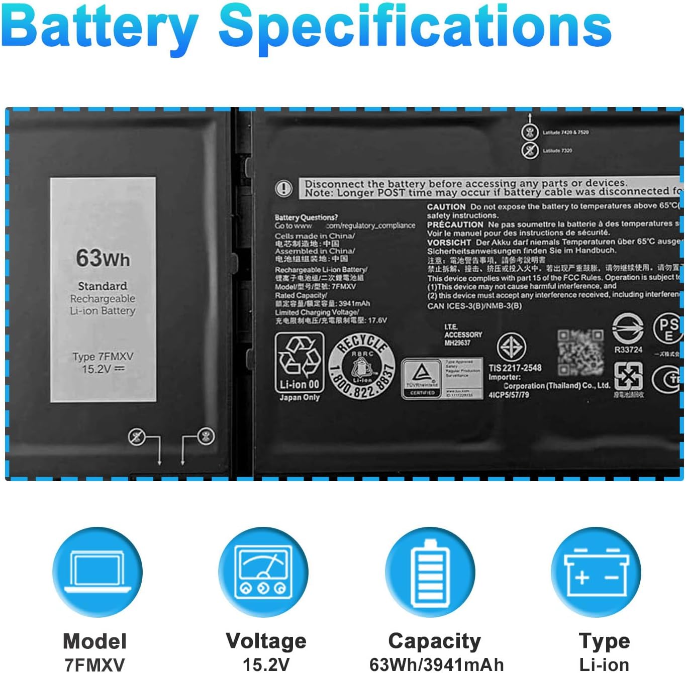 BATERÍA PARA LAPTOP BOWEIRUI 7FMXV 63WH PARA DELL LATITUDE 5320 7320 7420 7520 - 2