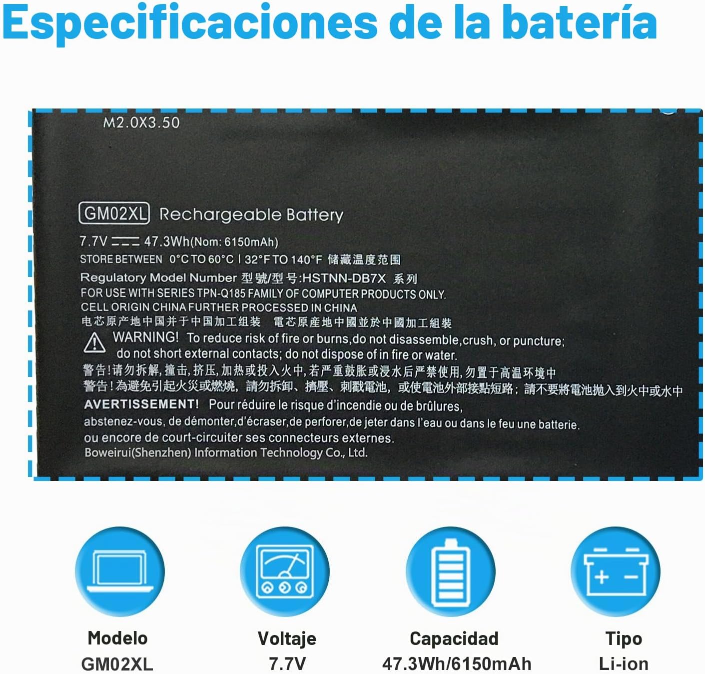 BATERÍA PARA LAPTOP BOWEIRUI GM02XL 7.7V 47.3WH COMPATIBLE CON HP CHROMEBOOK 14 G5 Y SERIES 11 G6 G7 EE X360 - 2