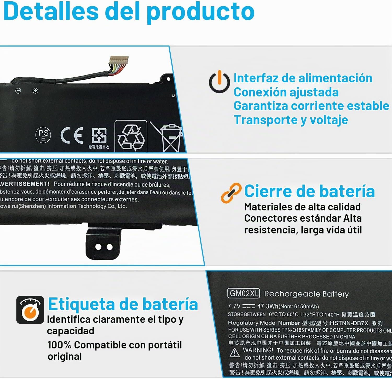 BATERÍA PARA LAPTOP BOWEIRUI GM02XL 7.7V 47.3WH COMPATIBLE CON HP CHROMEBOOK 14 G5 Y SERIES 11 G6 G7 EE X360 - 3