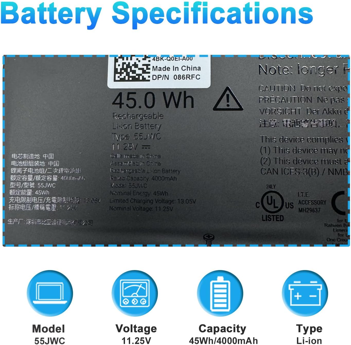 BATERÍA PARA LAPTOP BOWEIRUI 55JWC 45WH 11.25V 4000MAH PARA DELL PRO 14 PLUS PB14255 - 3