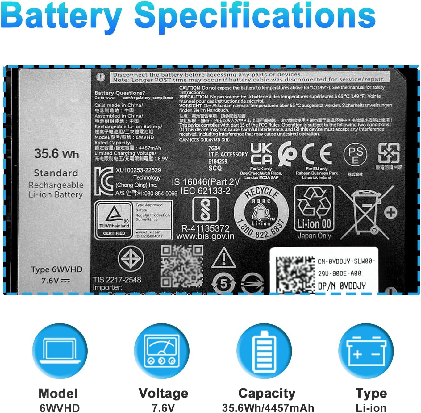 BATERÍA PARA LAPTOP BOWEIRUI 6WVHD PARA DELL LATITUDE 7230 RUGGED EXTREME TABLET - 2