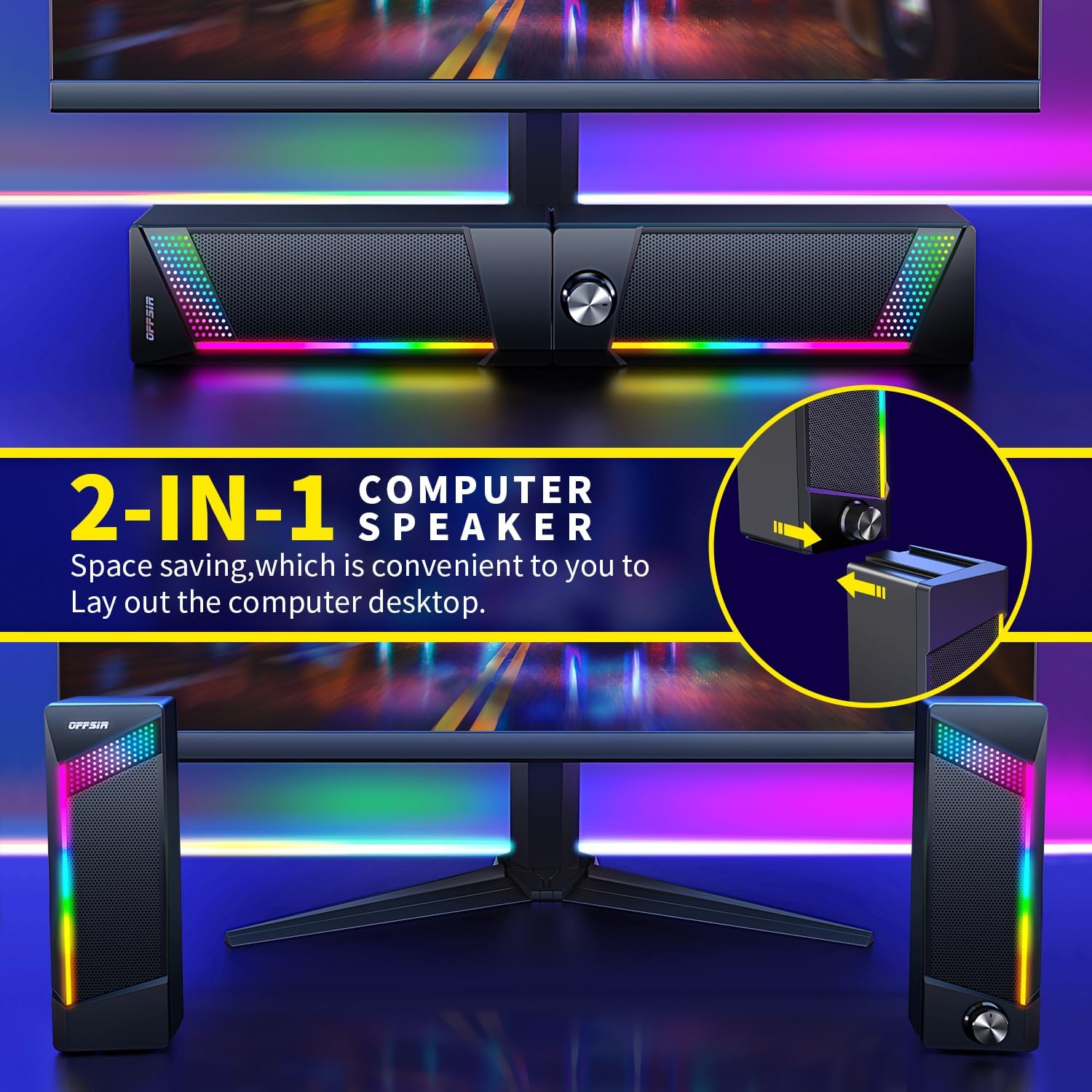 PARLANTES PARA COMPUTADORA OFFSIR 2 EN 1 RGB USB Y AUX 3.5MM - 2