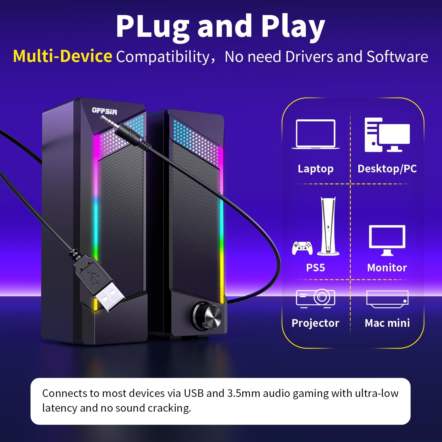 PARLANTES PARA COMPUTADORA OFFSIR 2 EN 1 RGB USB Y AUX 3.5MM - 5