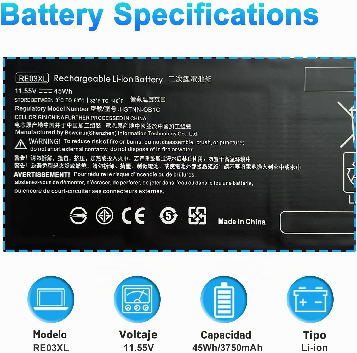 BATERÍA BOWEIRUI RE03XL PARA HP PROBOOK 430 440 445 450 455 G6 G7 45WH - 2