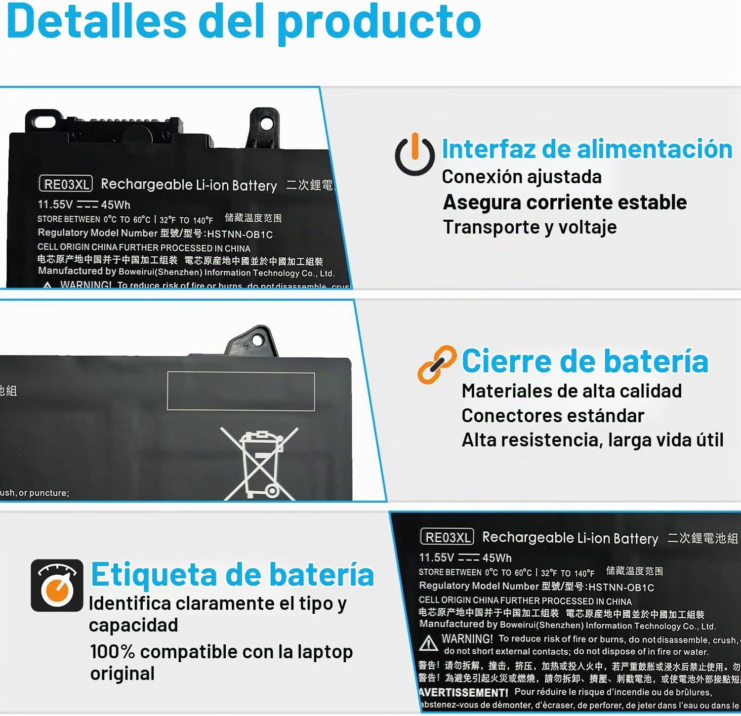 BATERÍA BOWEIRUI RE03XL PARA HP PROBOOK 430 440 445 450 455 G6 G7 45WH - 3
