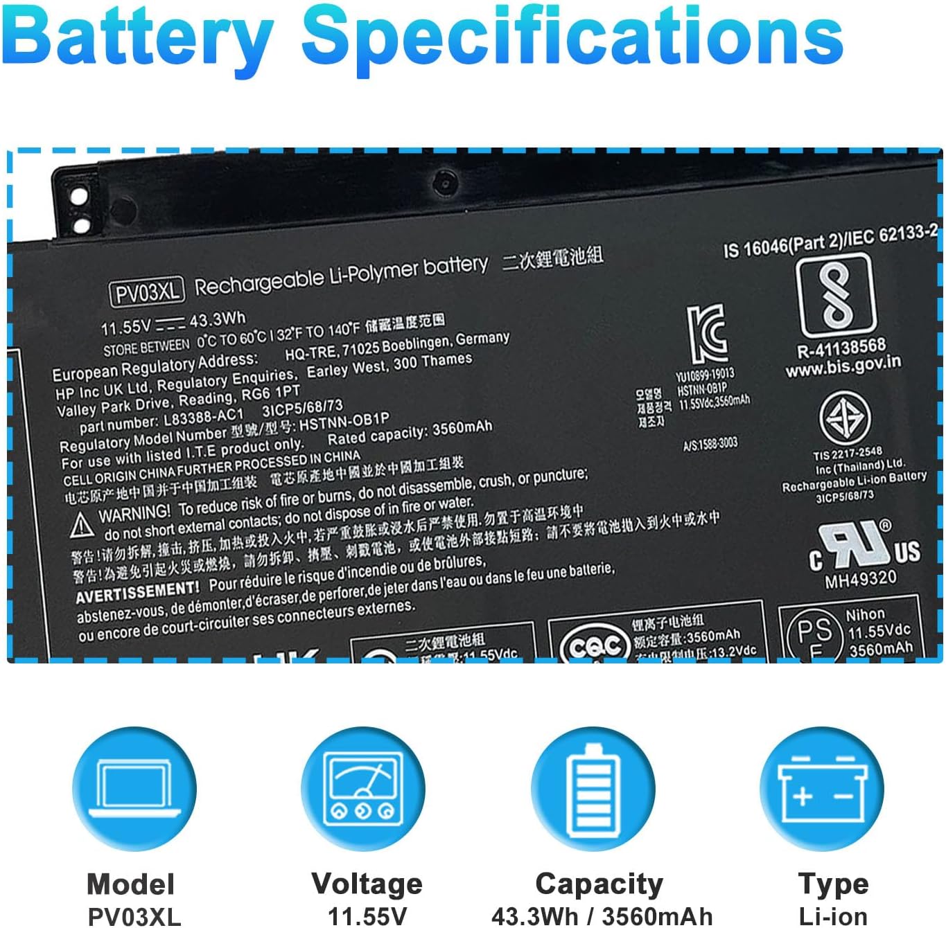 BATERÍA PV03XL PARA HP PAVILION X360 14M-DW 43.3WH 11.55V LI-ION - 2