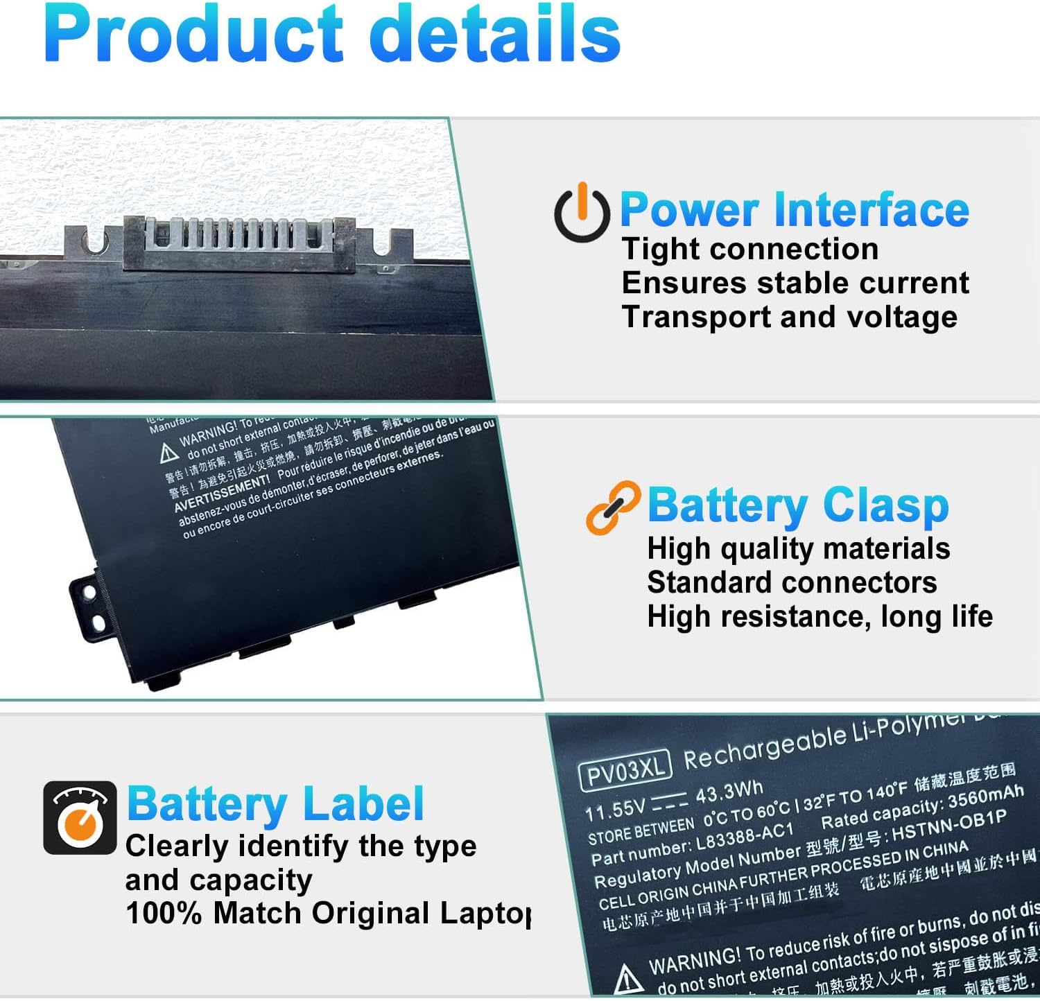 BATERÍA PV03XL PARA HP PAVILION X360 14M-DW 43.3WH 11.55V LI-ION - 3