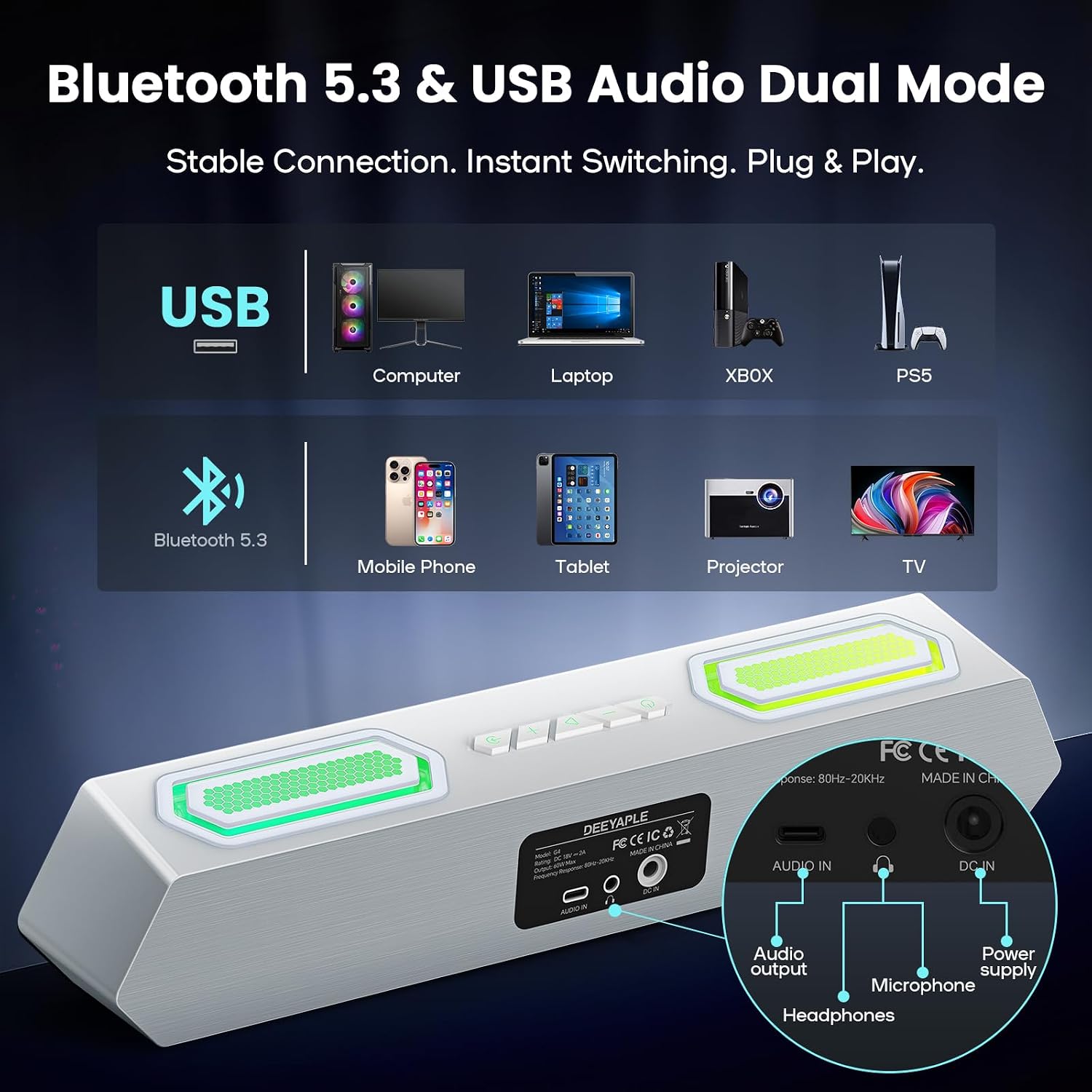 PARLANTES PARA COMPUTADORA DEEYAPLE 40W BLUETOOTH 5.3 USB-C - 4