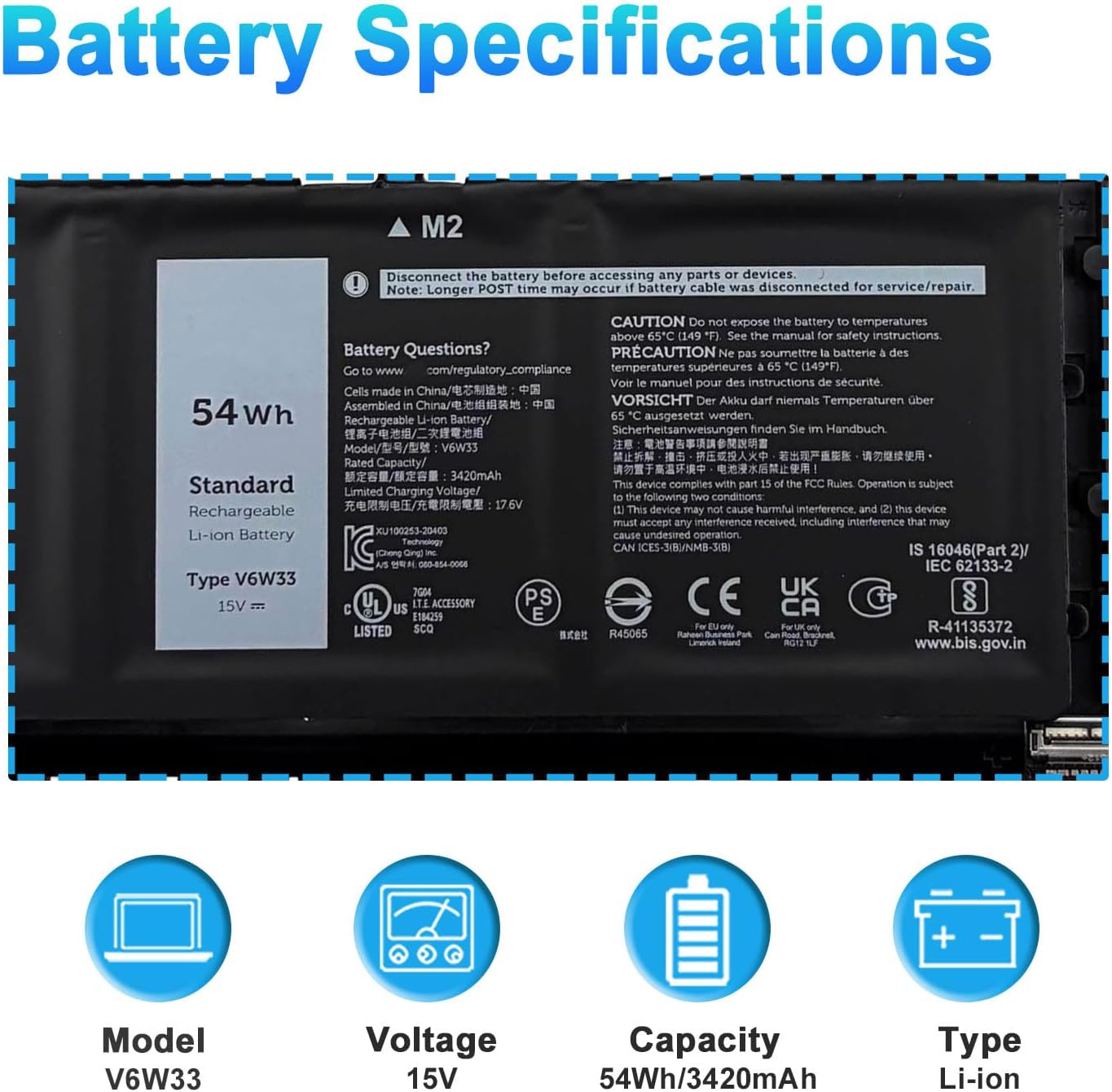 BATERÍA PARA LAPTOP BOWEIRUI V6W33 54WH COMPATIBLE CON DELL INSPIRON Y LATITUDE - 3